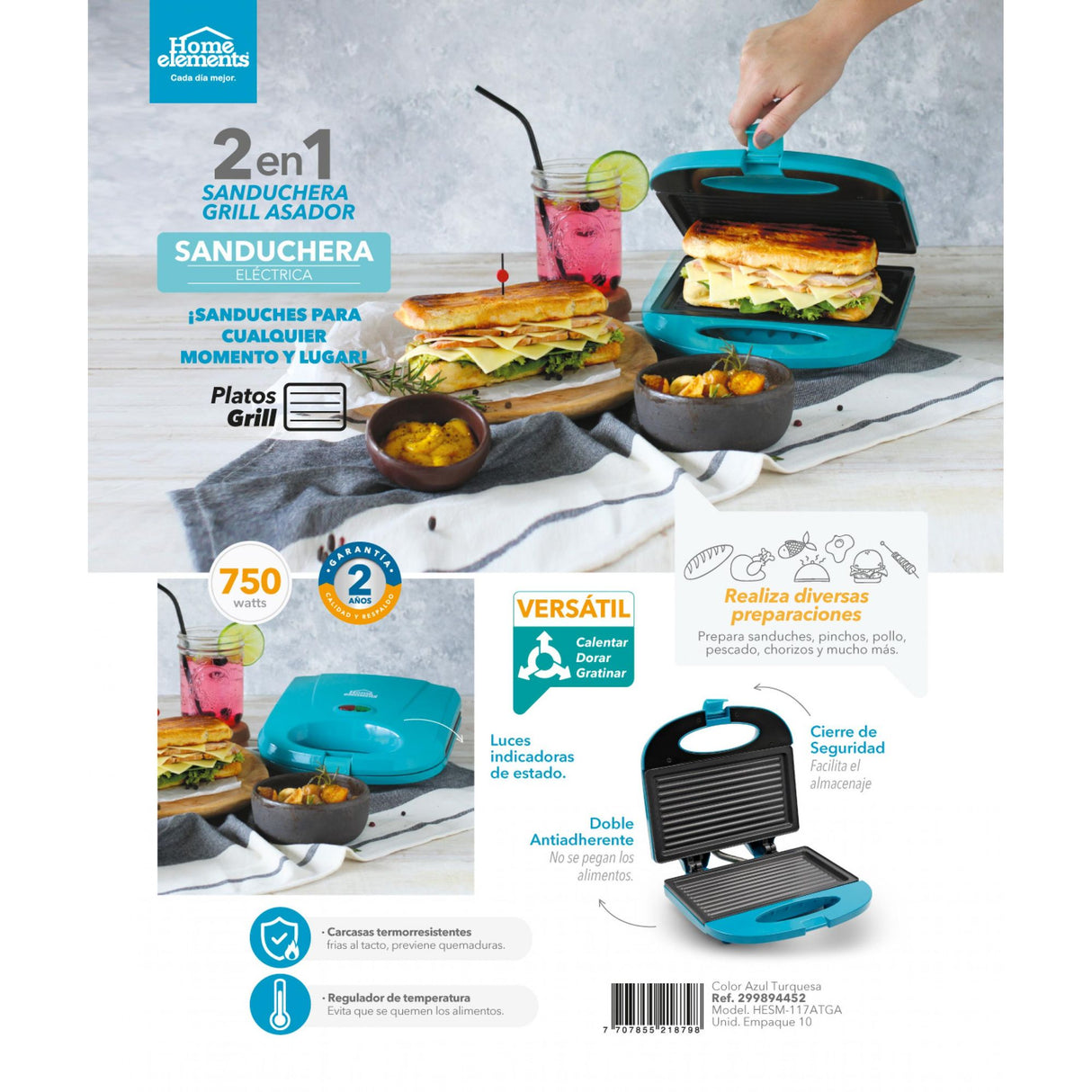 Sanduchera Azul y Negro 21.5x9cm de Dos Puestos Tipo Panini - SANDUCHERAS Y WAFLERAS | Bylmo