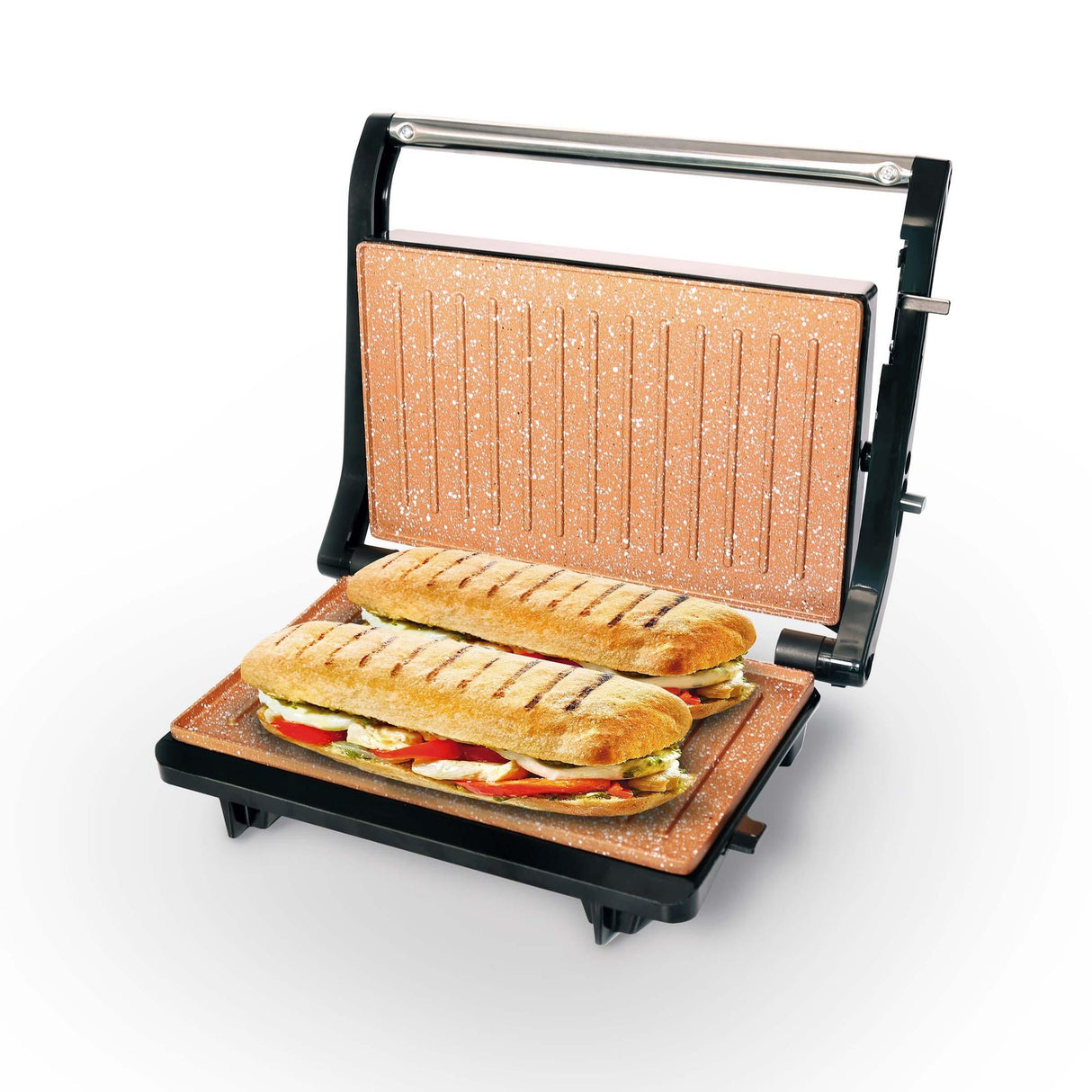 Sanduchera Grill Negro y Cobre 23x10cm de Dos Puestos Tipo Panini - SANDUCHERAS Y WAFLERAS | Bylmo