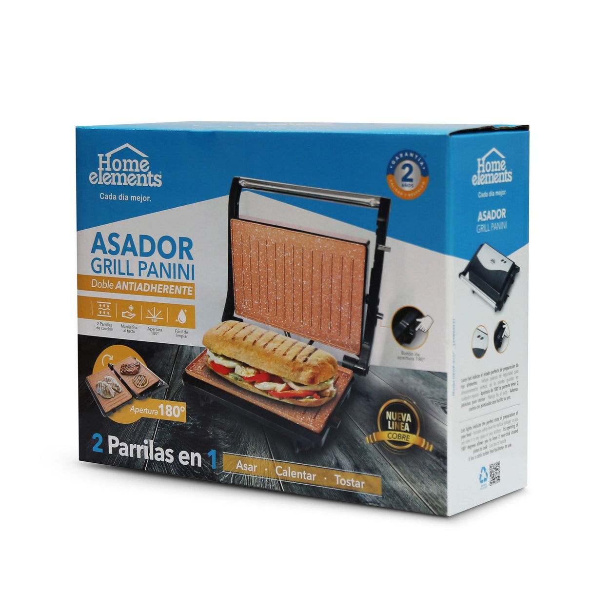 Sanduchera Grill Negro y Cobre 23x10cm de Dos Puestos Tipo Panini - SANDUCHERAS Y WAFLERAS | Bylmo