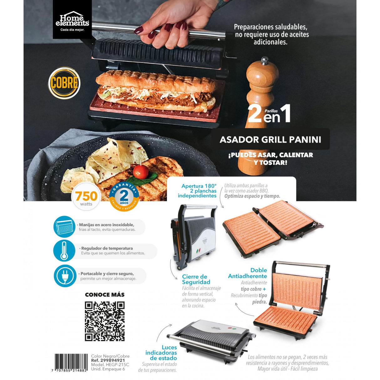 Sanduchera Grill Negro y Cobre 23x10cm de Dos Puestos Tipo Panini - SANDUCHERAS Y WAFLERAS | Bylmo