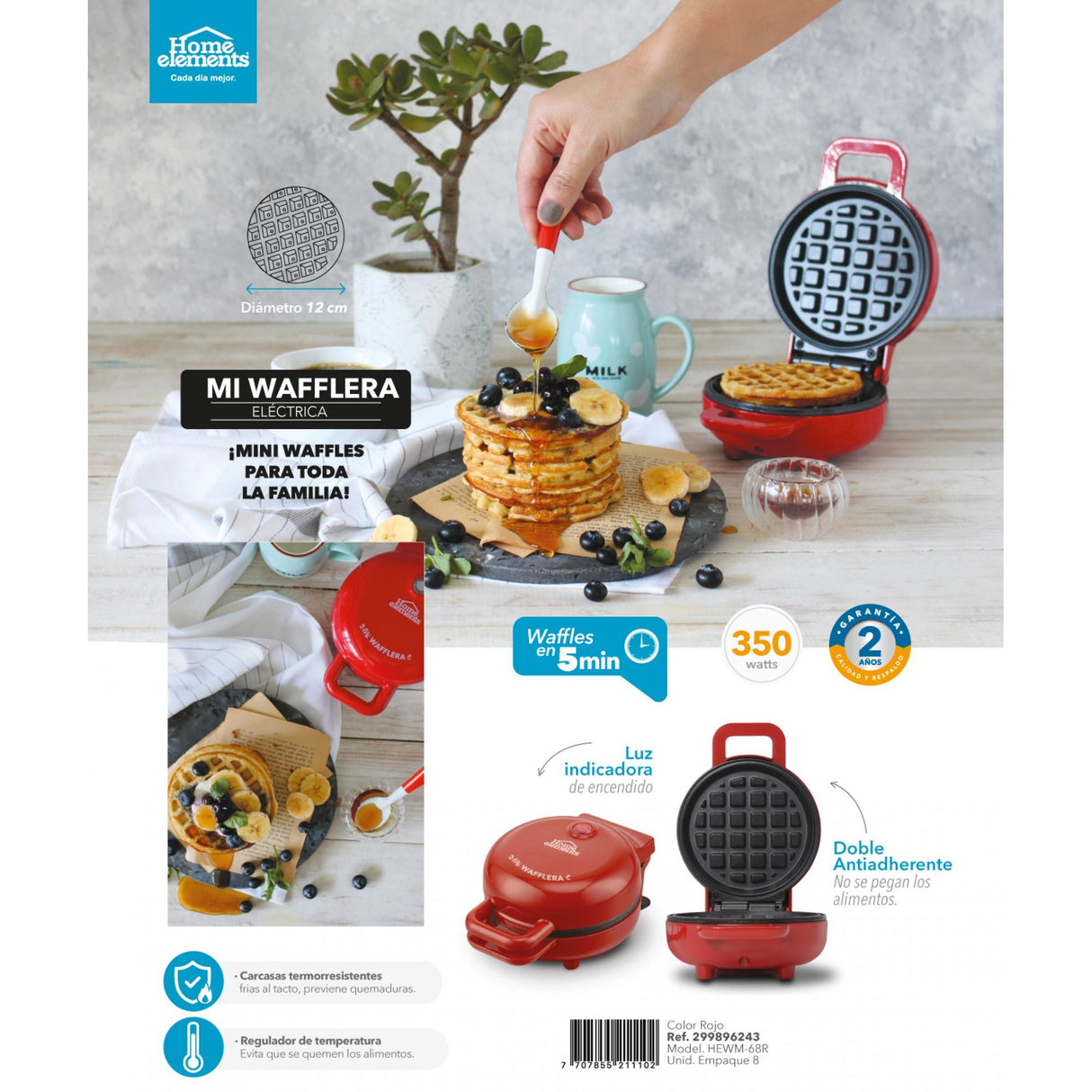 Waflera Rojo y Negro 12.5x9.5cm de Un Puesto con Luz Indicadora - SANDUCHERAS Y WAFLERAS | Bylmo