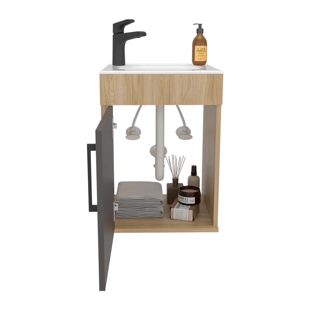 Mueble para Lavamanos Oxford Fresno Europeo y Plomo 40x55.5cm Flotante con Lamvamanos - MUEBLES PARA LAVAMANOS | Bylmo