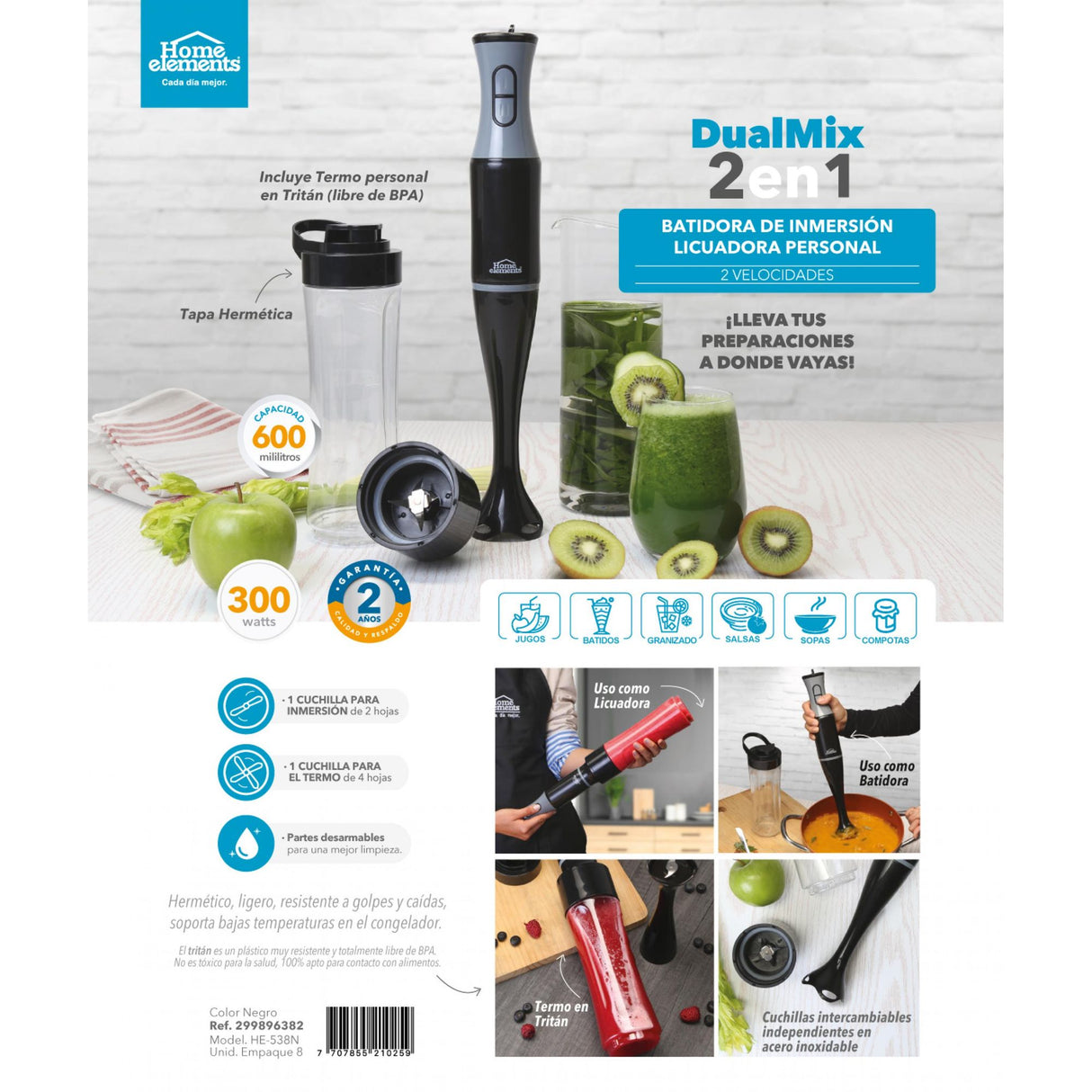 Licuadora y Batidora de Inmersion Tritan Negro y Plateado 8x47cm De Cuatro Aspas y 0.6 Litros - LICUADORAS Y PROCESADORES | Bylmo