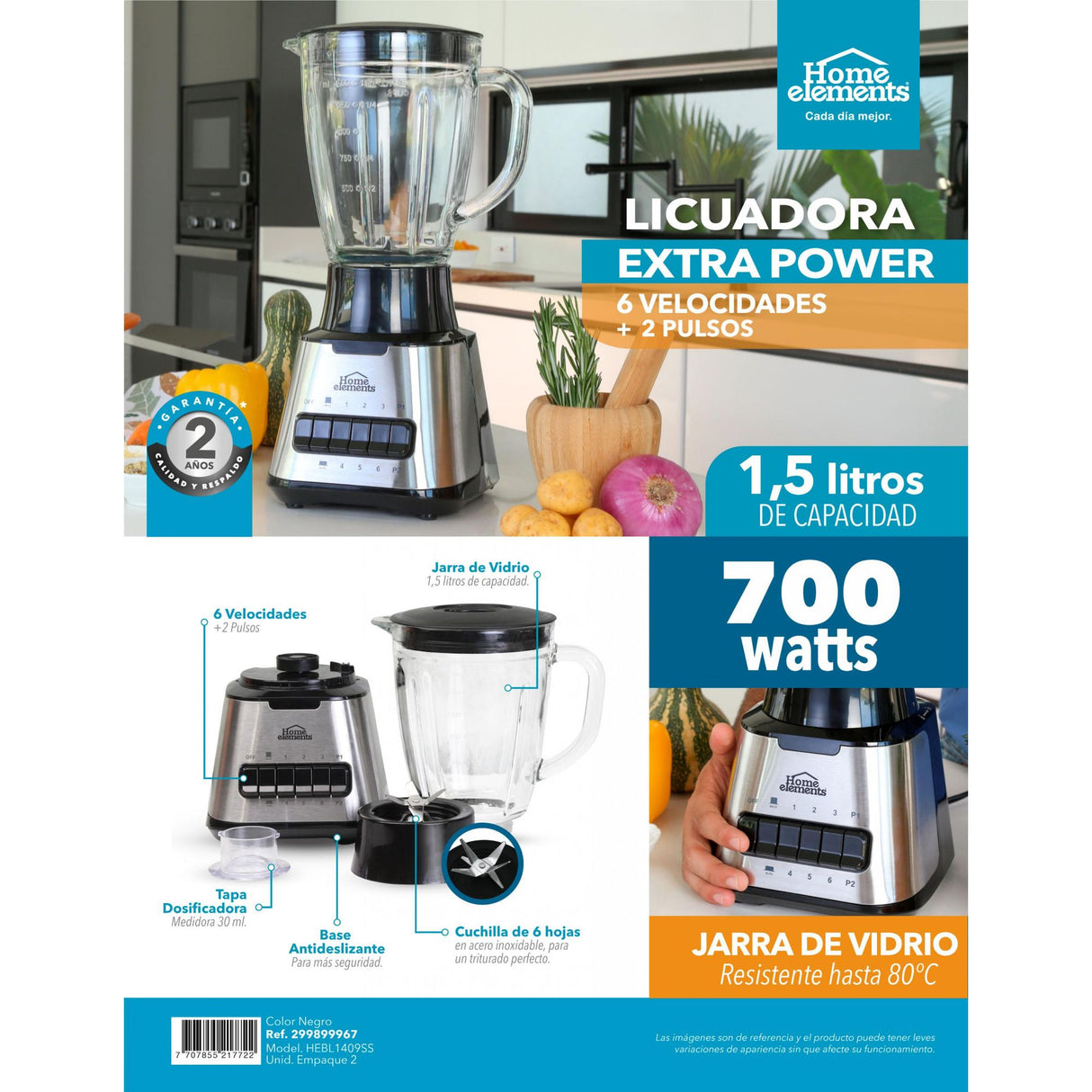 Licuadora Extra Power Negro y Plateado 18.5x39cm De Seis Aspas y 1.5 Litros - LICUADORAS Y PROCESADORES | Bylmo