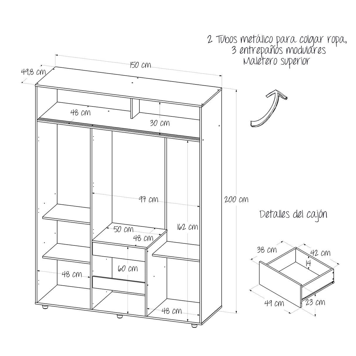 Closet Aurora Gales y Wengue 150x200cm con Dos Cajones y con Ocho Compartimientos - CLOSETS | Bylmo