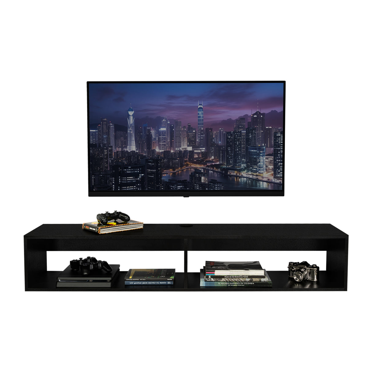 Rack de TV Flotante Wengue 150x27cm para TV Hasta 65 Pulgadas con Dos Compartimientos y con Ranuras para Cables - MUEBLES DE TV | Bylmo