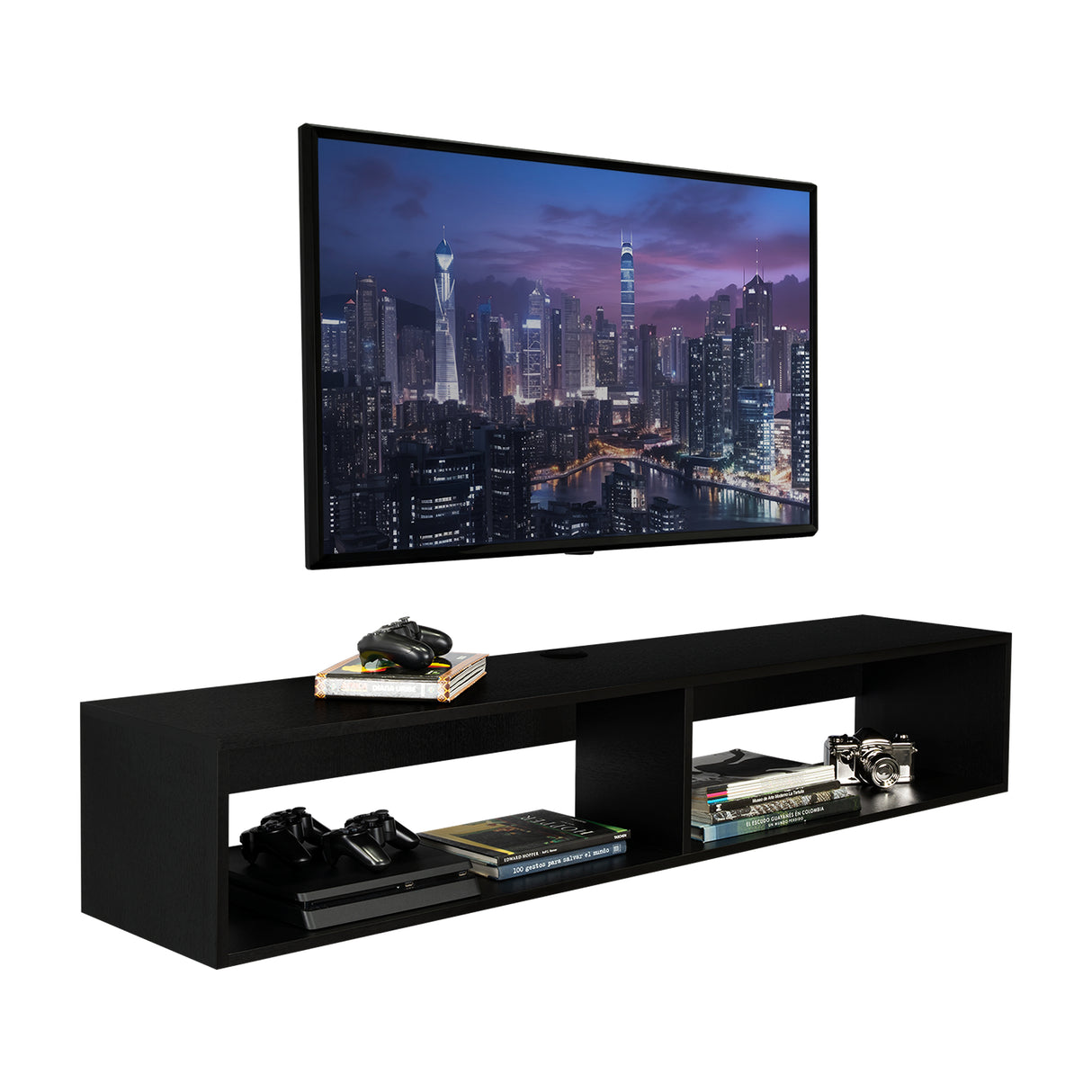Rack de TV Flotante Wengue 150x27cm para TV Hasta 65 Pulgadas con Dos Compartimientos y con Ranuras para Cables - MUEBLES DE TV | Bylmo