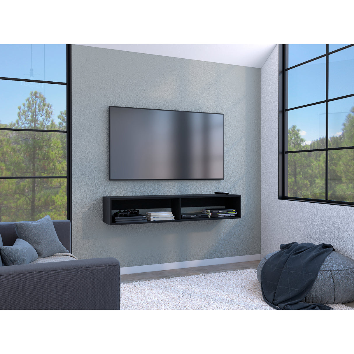 Rack de TV Flotante Wengue 150x27cm para TV Hasta 65 Pulgadas con Dos Compartimientos y con Ranuras para Cables - MUEBLES DE TV | Bylmo