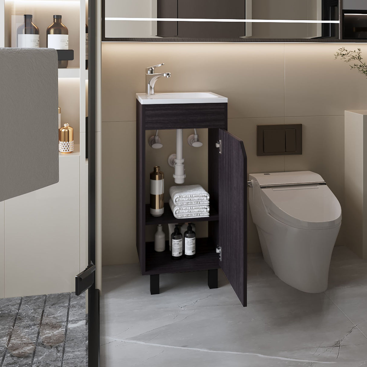 Mueble para Lavamanos Individual Bethel Wengue 40x86cm con Patas y Lavamanos de Sobreponer - MUEBLES PARA LAVAMANOS | Bylmo