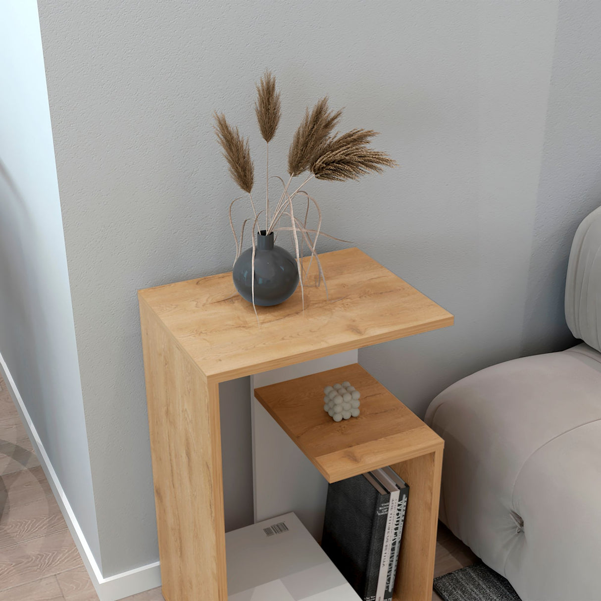 Mesa Auxiliar Rectangular Everett Macadamia y Blanco 40x63cm con Tres Compartimientos - MESAS AUXILIARES | Bylmo