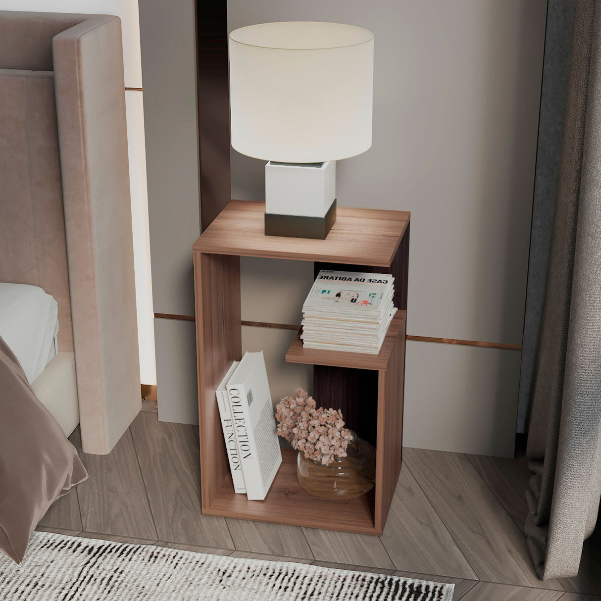 Mesa Auxiliar Rectangular Everett Cafe Expreso y Wengue 40x63cm con Tres Compartimientos - MESAS AUXILIARES | Bylmo