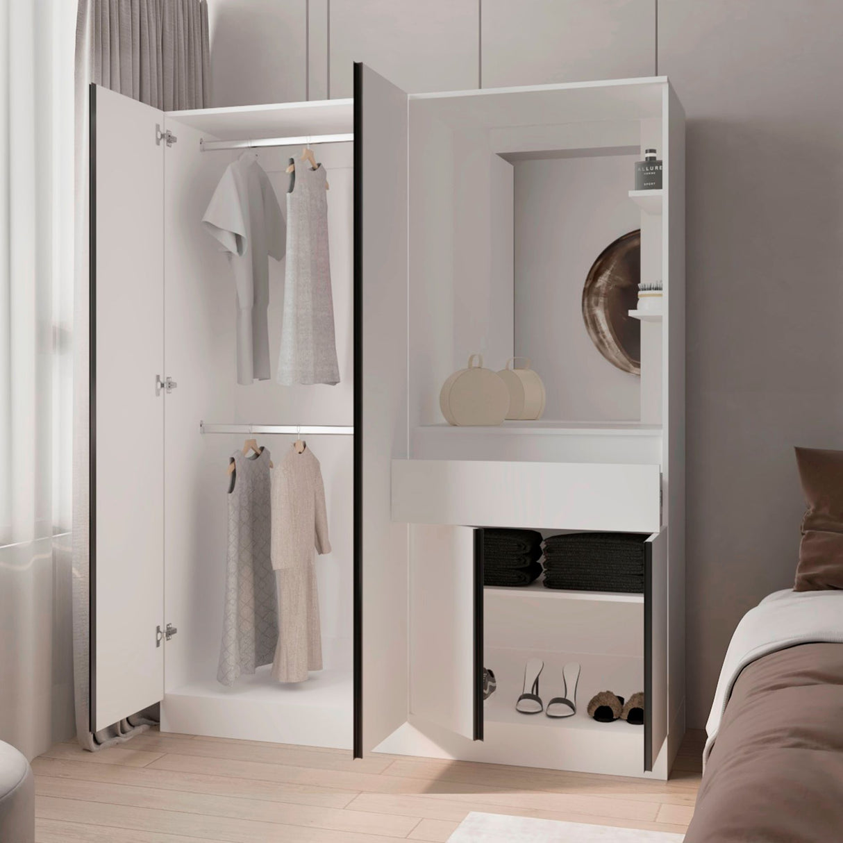 Closet Kamelot Blanco 150x186cm Con Un Cajón Cuatro Compartimientos y con Espejo - CLOSETS | Bylmo