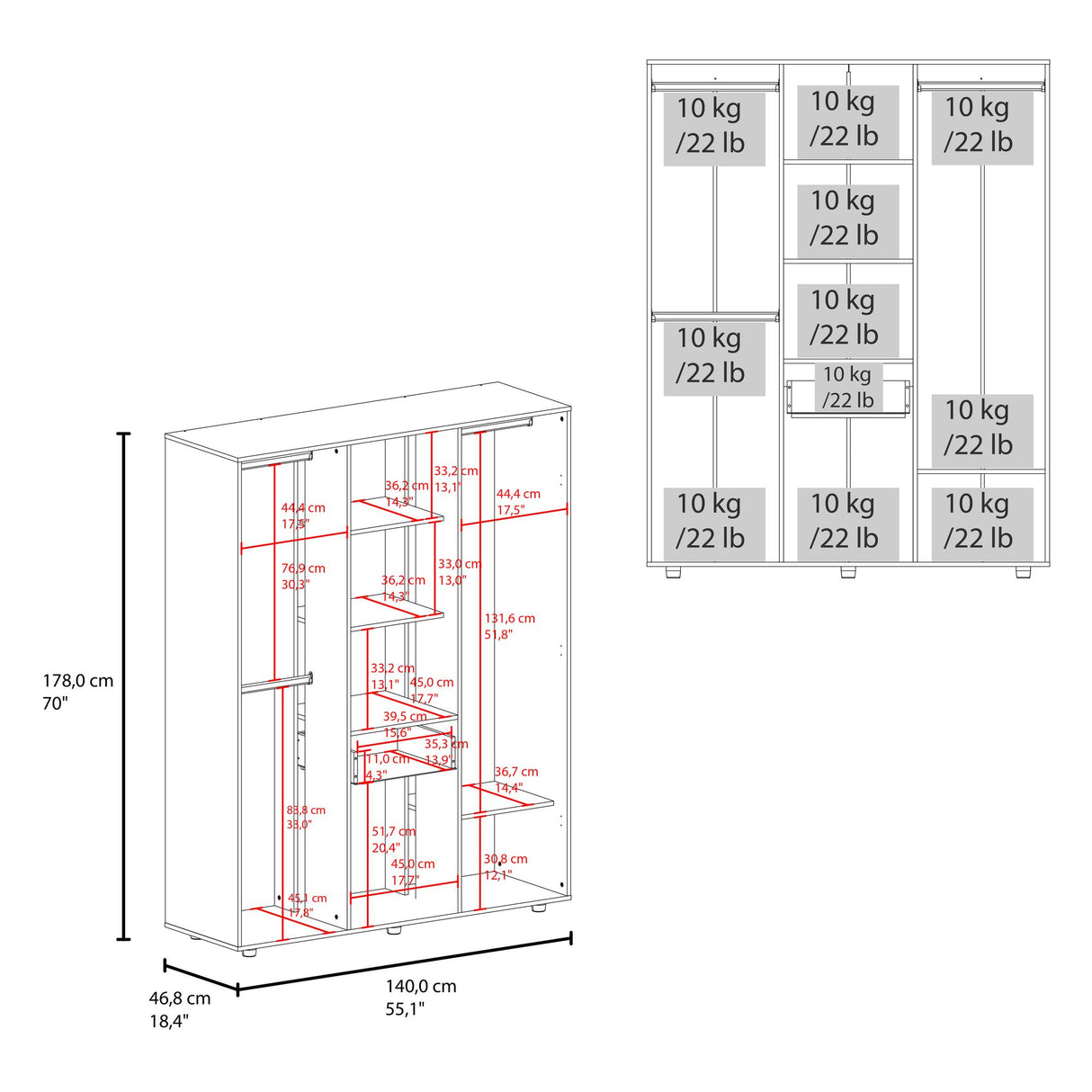 Closet Bariloche Fresno Europeo 140x178cm Con Un Cajón y Ocho Compartimientos - CLOSETS | Bylmo