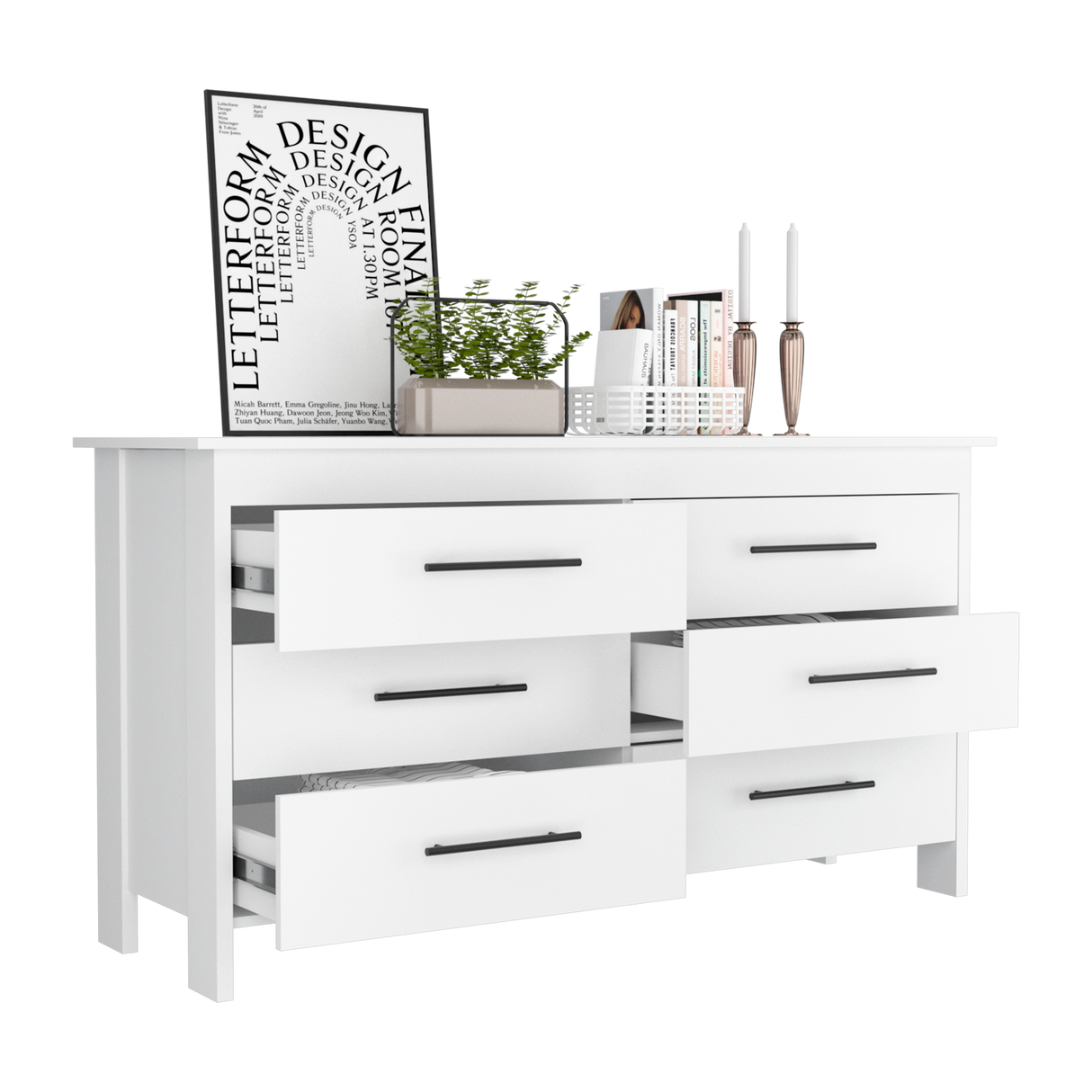 Cómoda HMS Blanco 150x81cm de Tres Hileras con Seis Cajones - CAJONERAS Y COMODAS | Bylmo