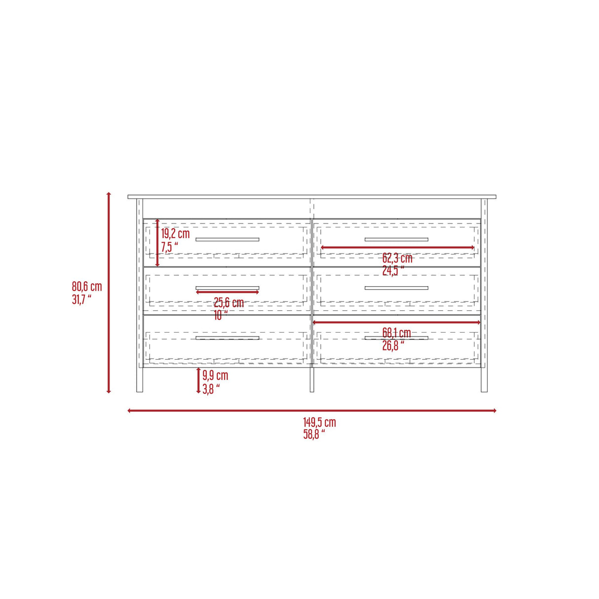 Cómoda HMS Blanco 150x81cm de Tres Hileras con Seis Cajones - CAJONERAS Y COMODAS | Bylmo