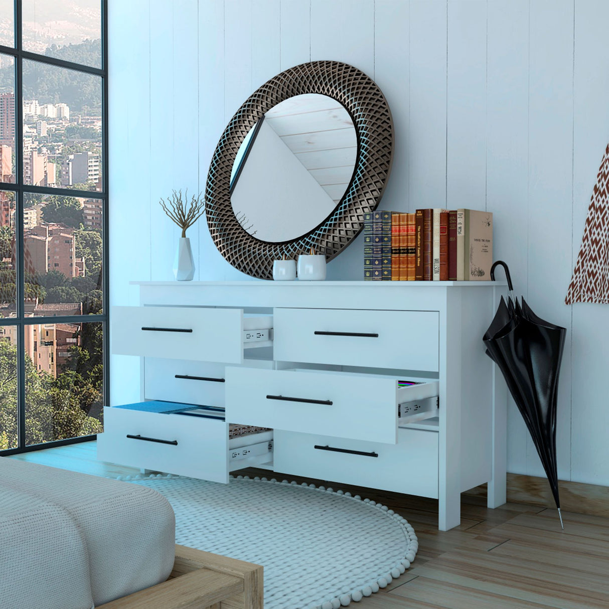 Cómoda HMS Blanco 150x81cm de Tres Hileras con Seis Cajones - CAJONERAS Y COMODAS | Bylmo