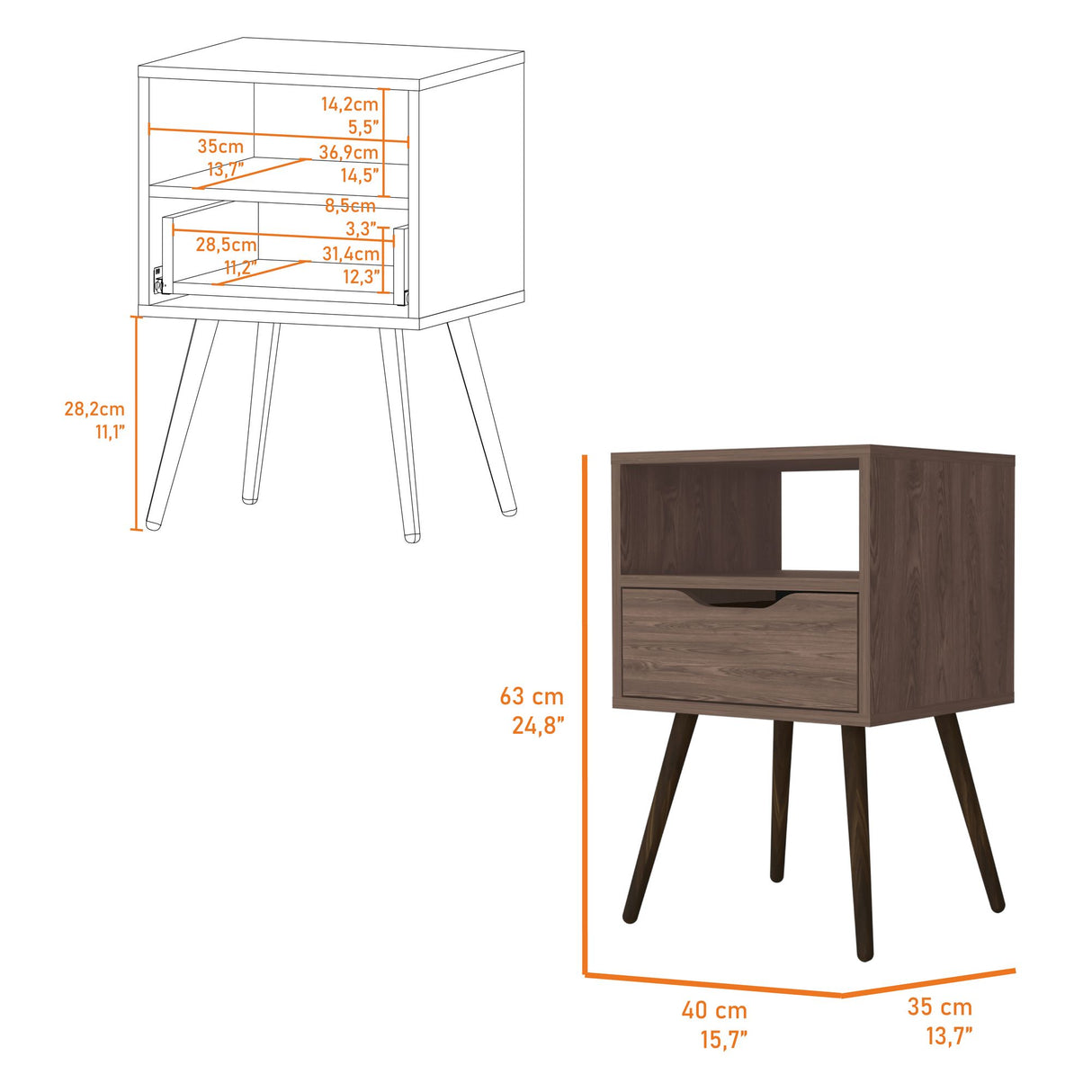 Mesa de Noche Otom Coñac 40x63cm Con Un Cajón - MESAS DE NOCHE | Bylmo