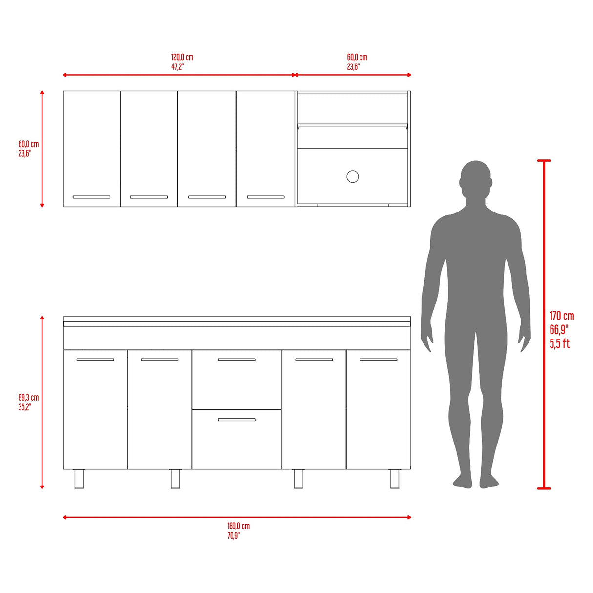 Cocina Barajas Bardolino 180x60cm con Mesón de Acero Inoxidable para Lado Izquierdo y sin Estufa - COCINAS | Bylmo