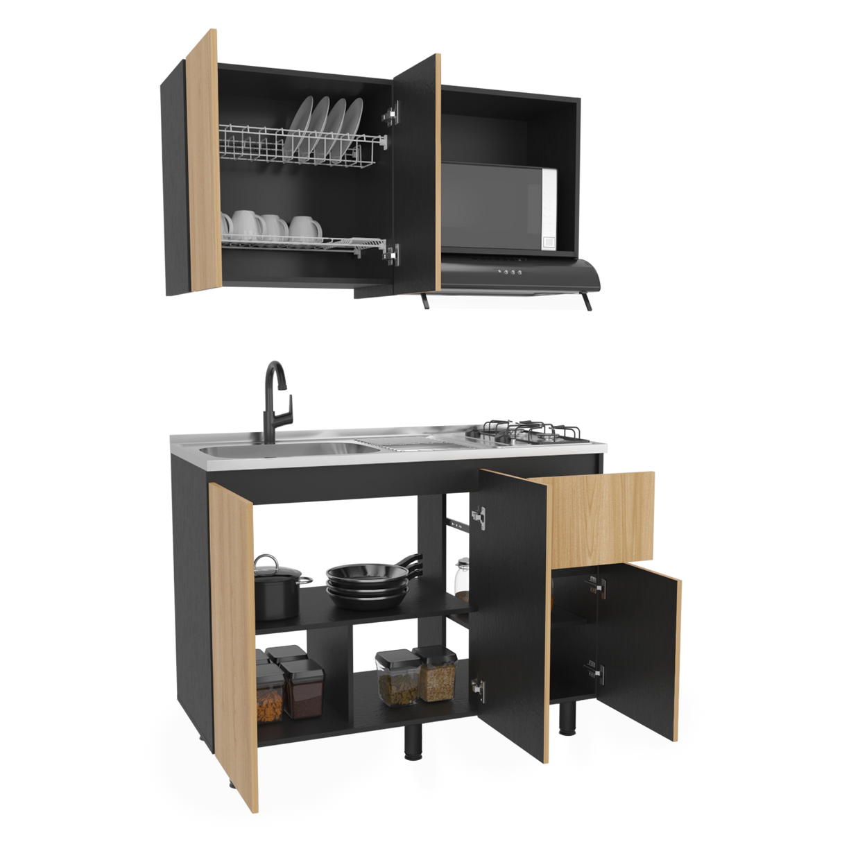 Cocina Express Wengue y Fresno Europeo 120x60cm con Mesón de Acero Inoxidable para Lado Izquierdo y con Estufa - COCINAS | Bylmo