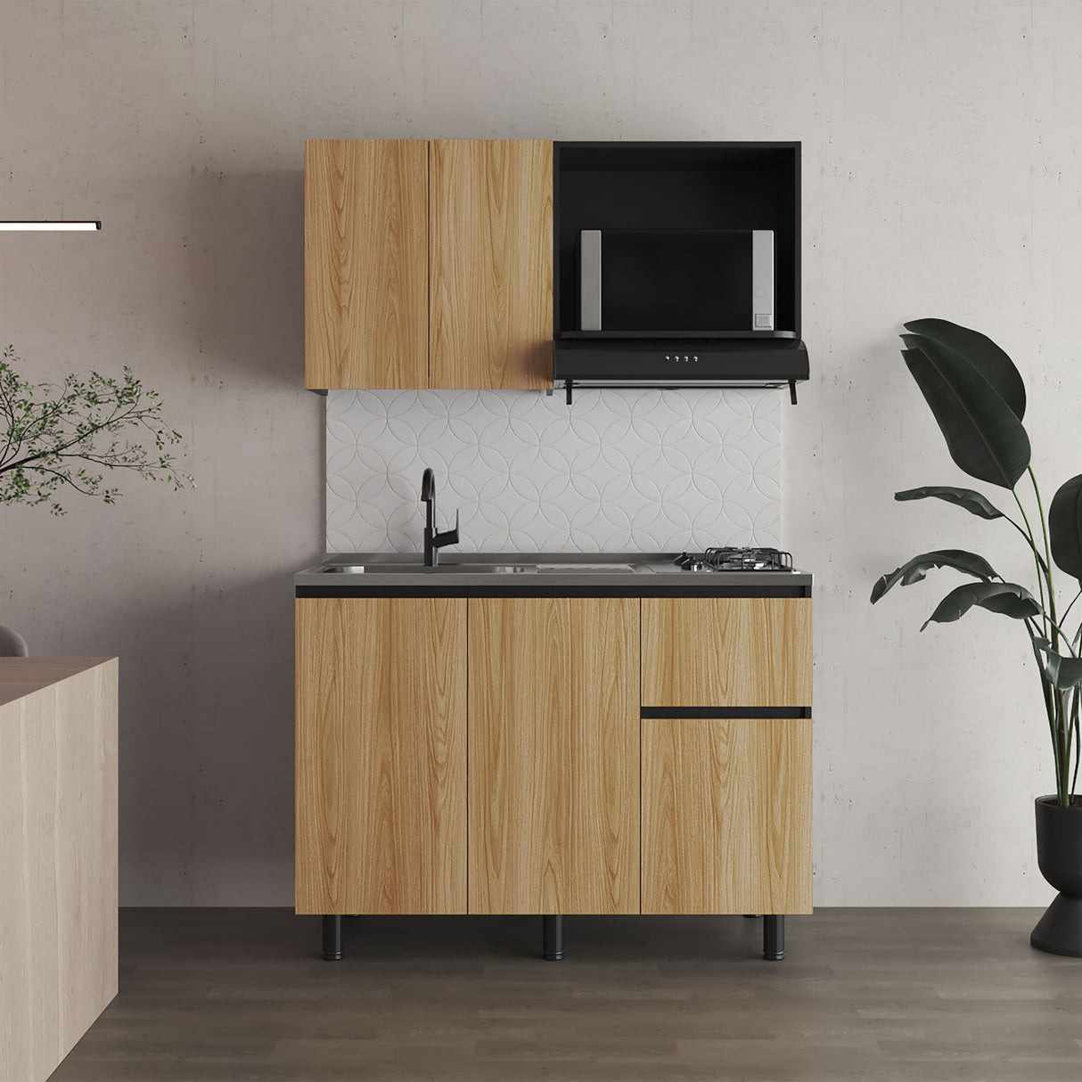 Cocina Express Wengue y Fresno Europeo 120x60cm con Mesón de Acero Inoxidable para Lado Izquierdo y con Estufa - COCINAS | Bylmo