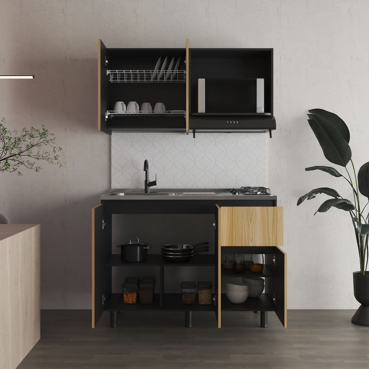 Cocina Express Wengue y Fresno Europeo 120x60cm con Mesón de Acero Inoxidable para Lado Izquierdo y con Estufa - COCINAS | Bylmo