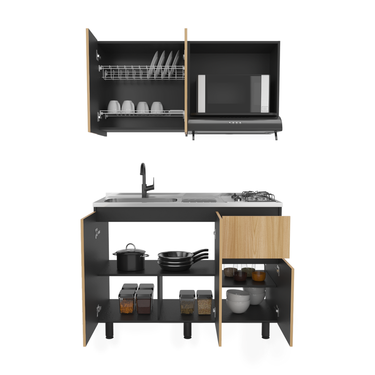 Cocina Express Wengue y Fresno Europeo 120x60cm con Mesón de Acero Inoxidable para Lado Izquierdo y con Estufa - COCINAS | Bylmo