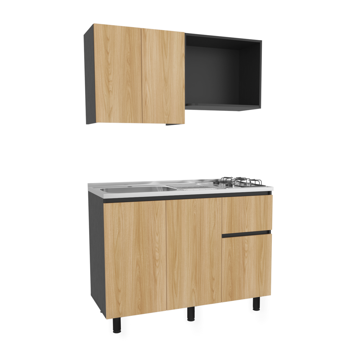 Cocina Express Wengue y Fresno Europeo 120x60cm con Mesón de Acero Inoxidable para Lado Izquierdo y con Estufa - COCINAS | Bylmo