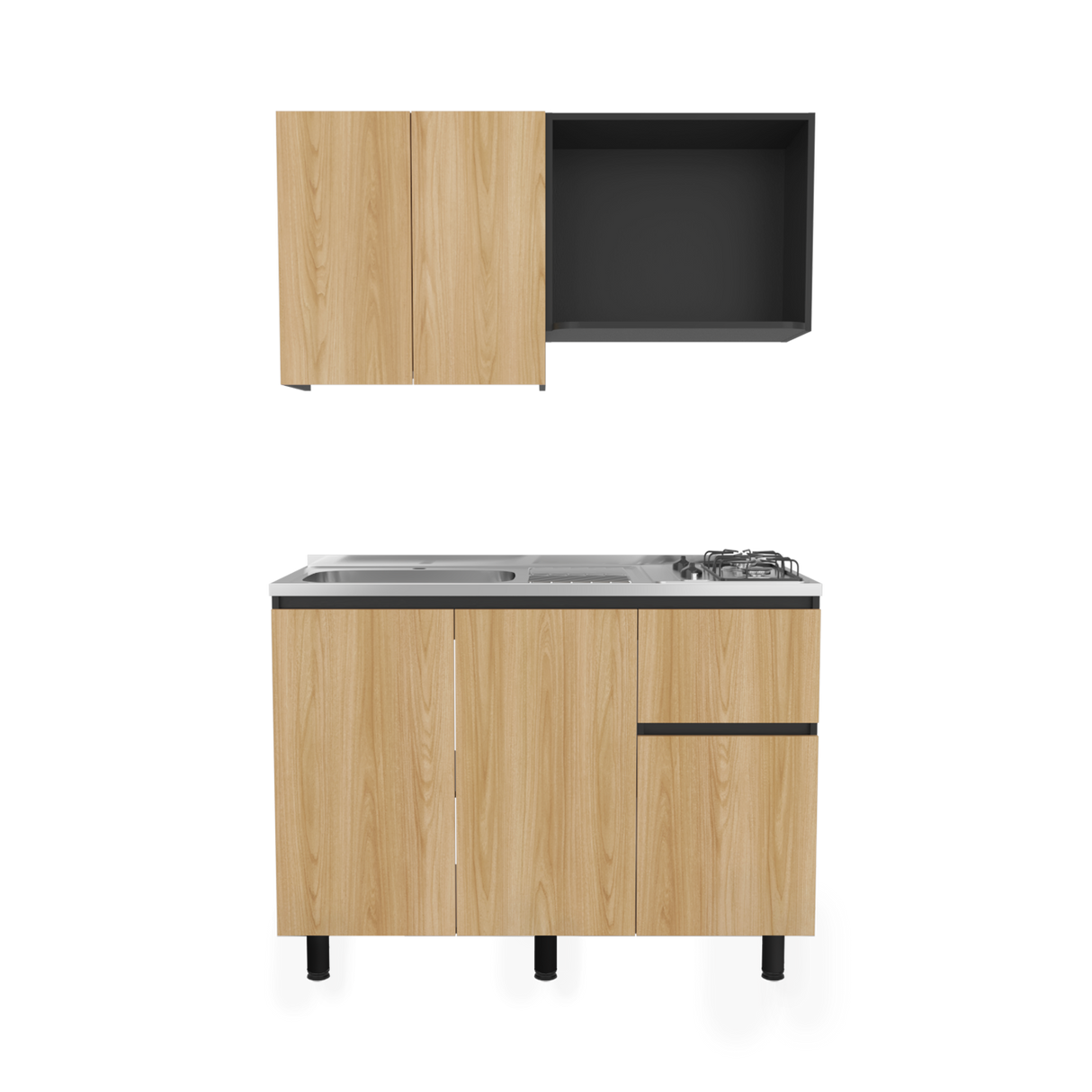 Cocina Express Wengue y Fresno Europeo 120x60cm con Mesón de Acero Inoxidable para Lado Izquierdo y con Estufa - COCINAS | Bylmo