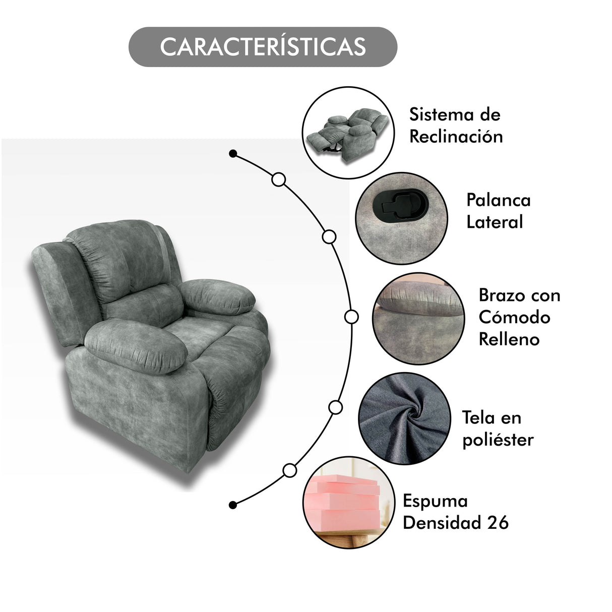 Silla Poltrona Reclinable Manual Reclinomatic Gris 90x102cm con Reposapiés - SOFAS Y POLTRONAS | Bylmo