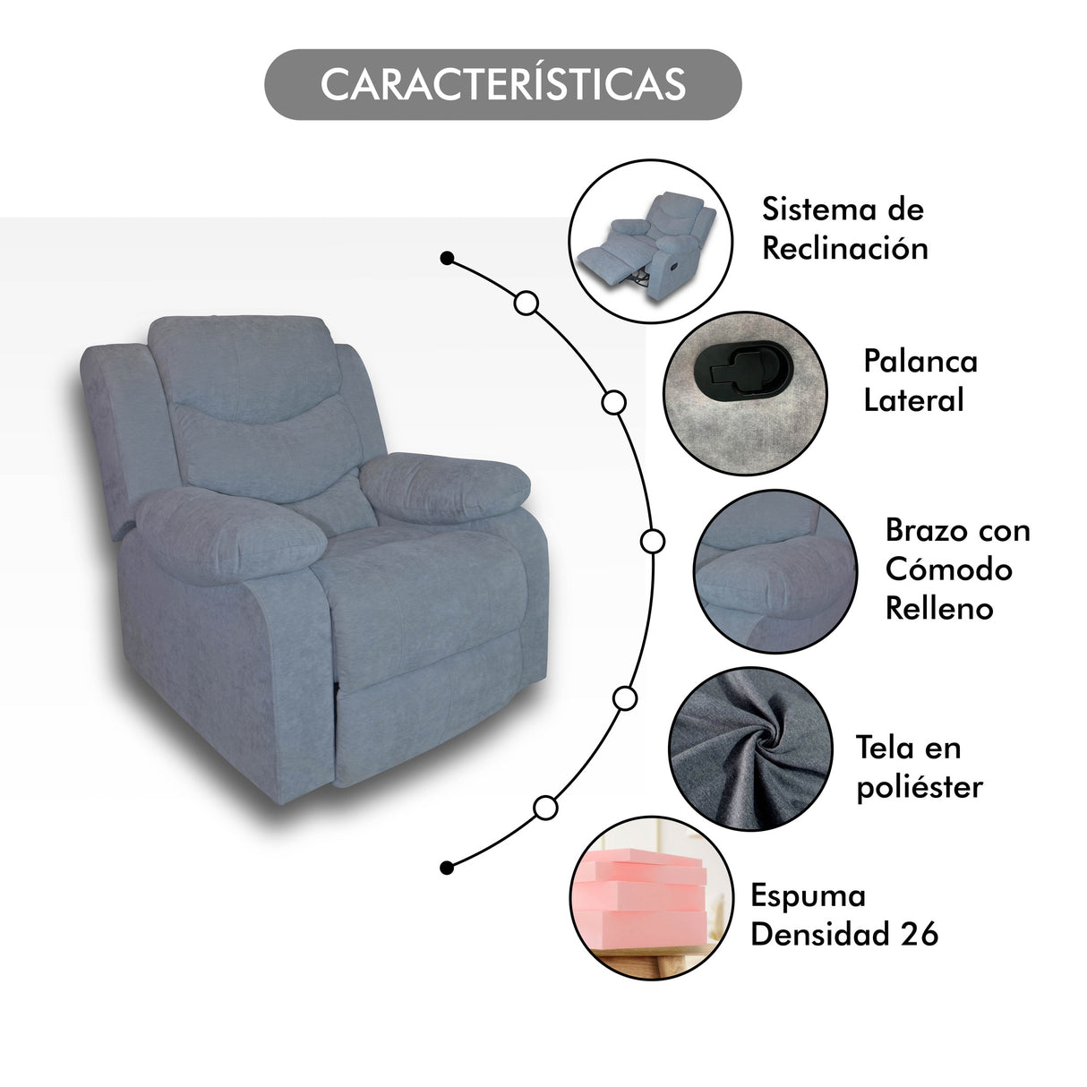 Poltrona Mecedora Reclinable Manual Reclinomatic Gris 90x105cm Giratoria - SOFAS Y POLTRONAS | Bylmo