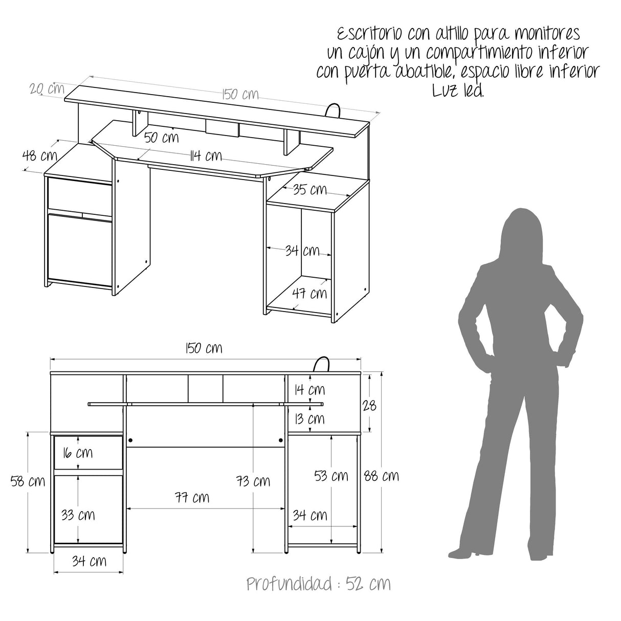 Escritorio Gamer Nick Wengue y Roma 150x88cm con Iluminación LED y Un Cajón - ESCRITORIOS | Bylmo