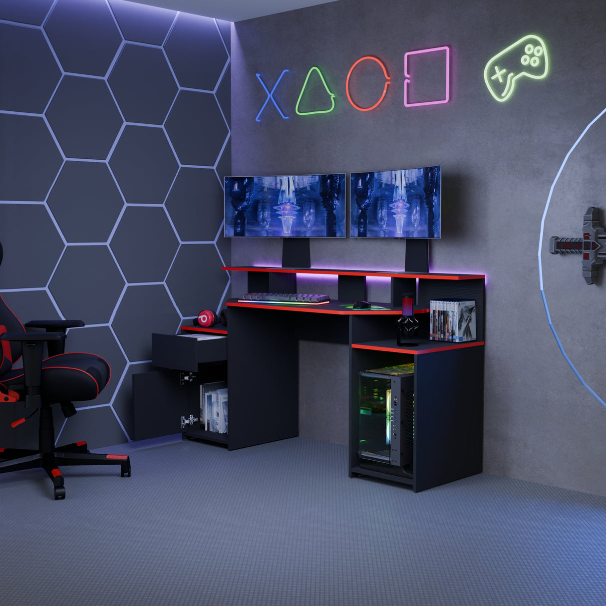 Escritorio Gamer Nick Wengue y Roma 150x88cm con Iluminación LED y Un Cajón - ESCRITORIOS | Bylmo