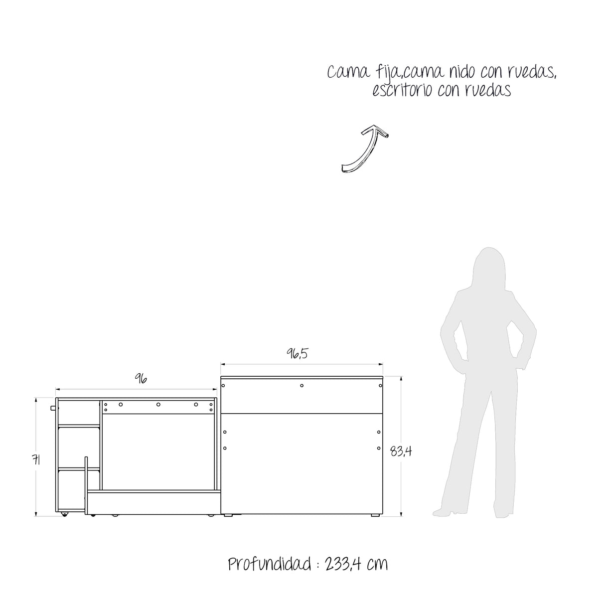 Cama Nido Lia Wengue 96x83cm con Escritorio para Cama Sencilla y sin Colchones - CAMAS | Bylmo