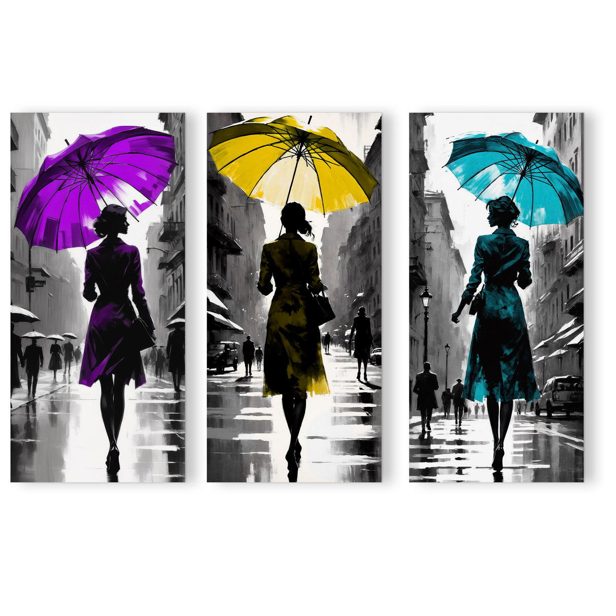 Set 3 Cuadros Decorativos Paseo Bajo la Lluvia 34x72cm - CUADROS | Bylmo