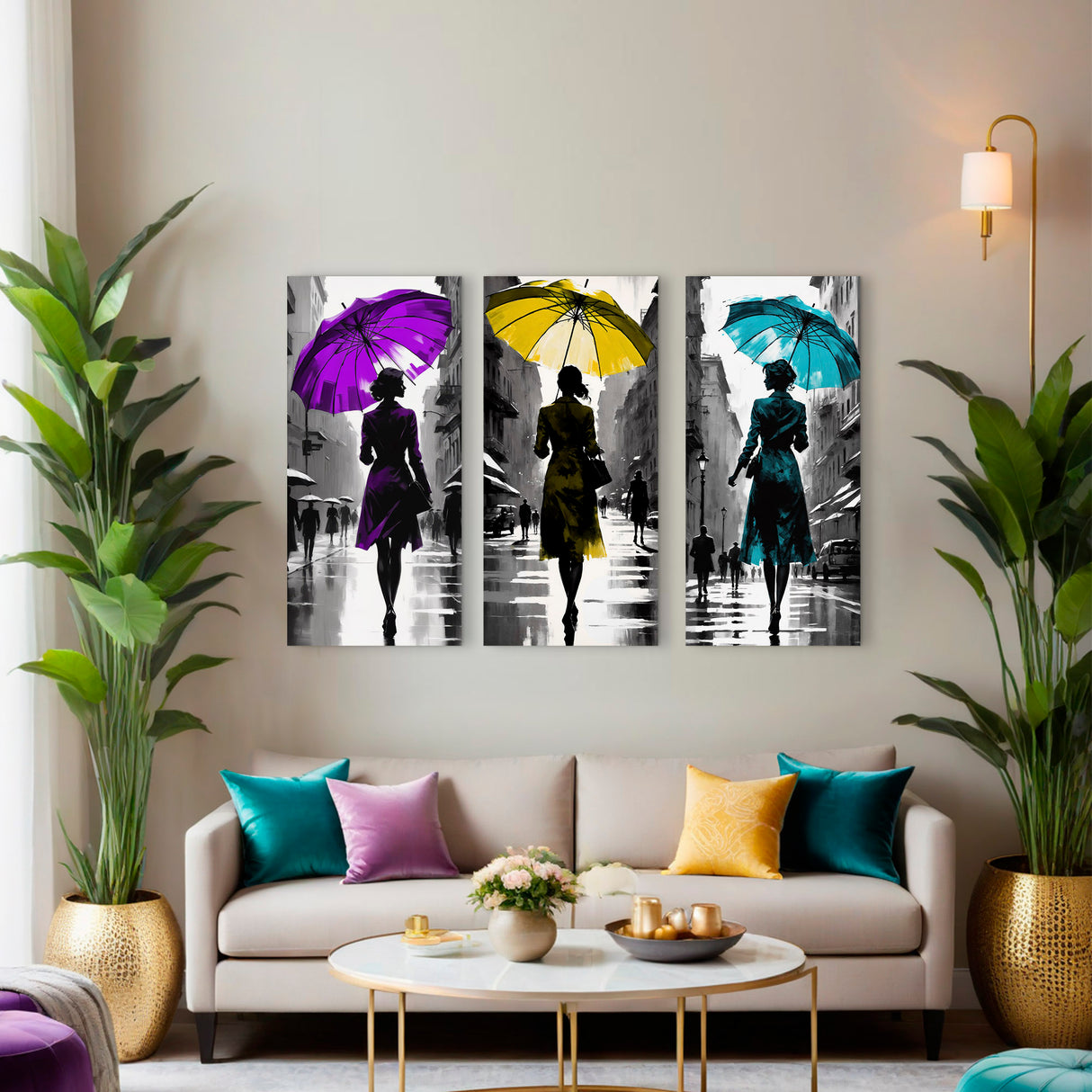 Set 3 Cuadros Decorativos Paseo Bajo la Lluvia 34x72cm - CUADROS | Bylmo