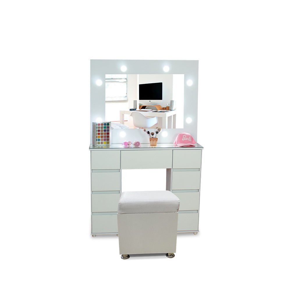 Tocador con Espejo Jazmin Blanco 105x165cm con Nueve Cajones y Un Puff - TOCADORES | Bylmo