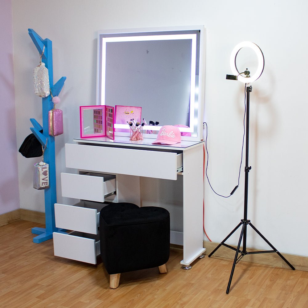 Tocador con Espejo Jazmin Blanco 90x165cm con Cuatro Cajones - TOCADORES | Bylmo