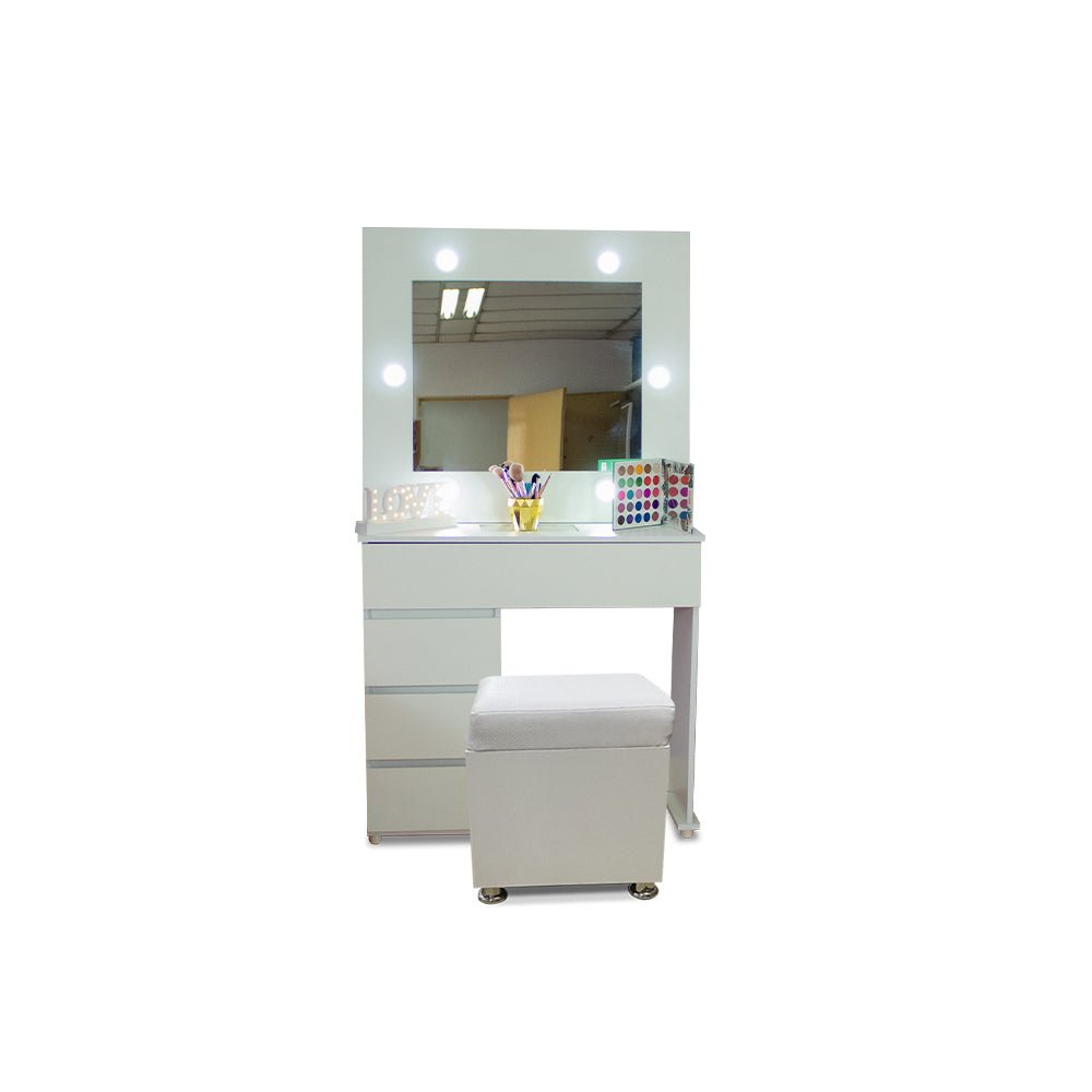 Tocador con Espejo Jazmin Blanco 90x165cm con Cuatro Cajones y Un Puff - TOCADORES | Bylmo