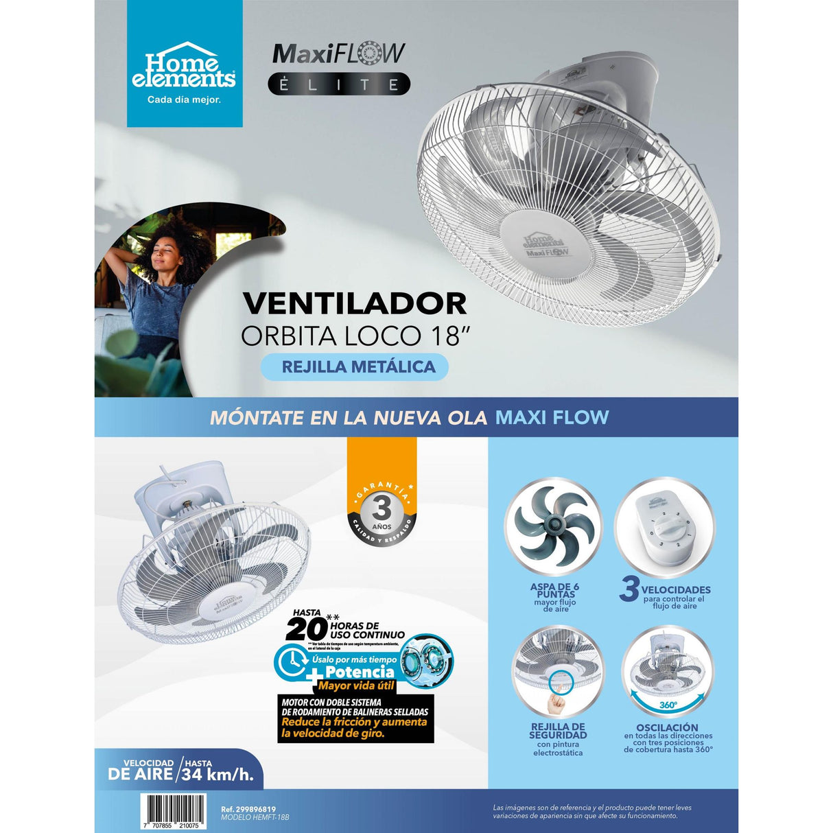 Ventilador de Órbita MaxiFlow Blanco y Gris 51x36cm de Tres Velocidades con Oscilación - VENTILADORES | Bylmo