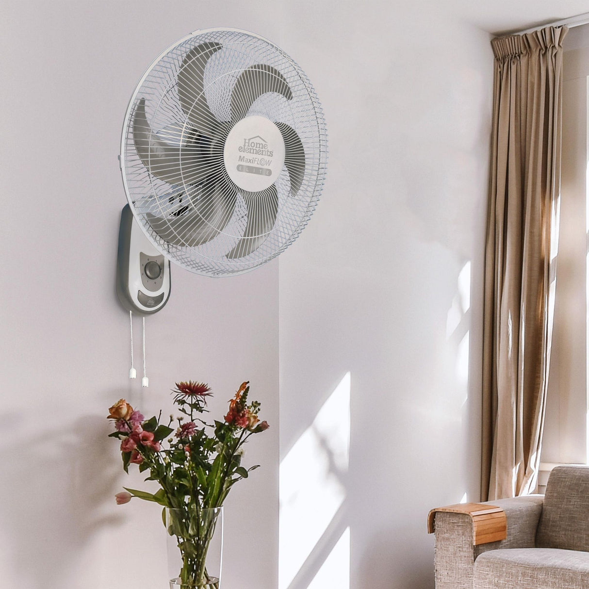 Ventilador de Pared MaxiFlow Elite Blanco y Gris 47x57cm de Tres Velocidades con Oscilación - VENTILADORES | Bylmo