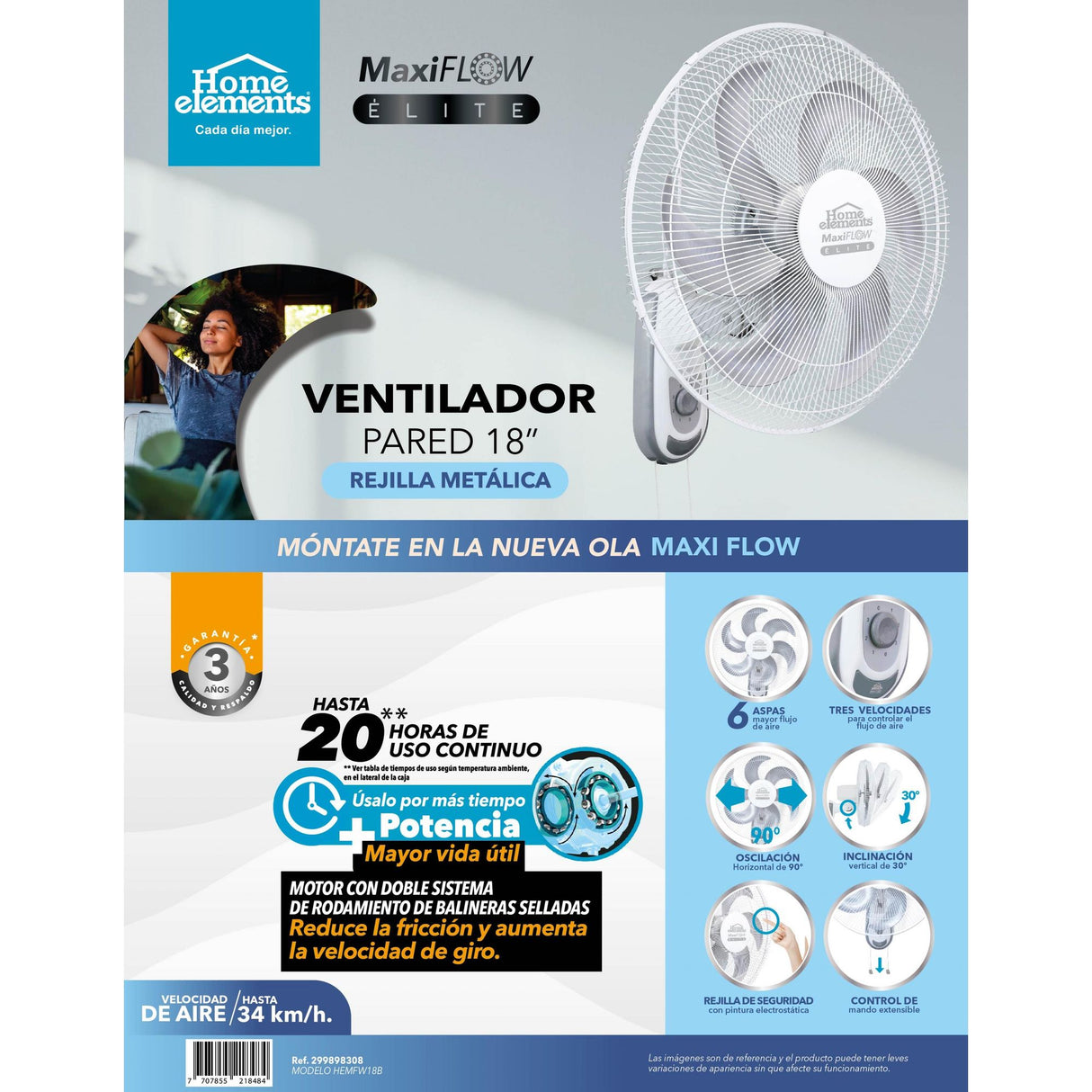 Ventilador de Pared MaxiFlow Elite Blanco y Gris 47x57cm de Tres Velocidades con Oscilación - VENTILADORES | Bylmo