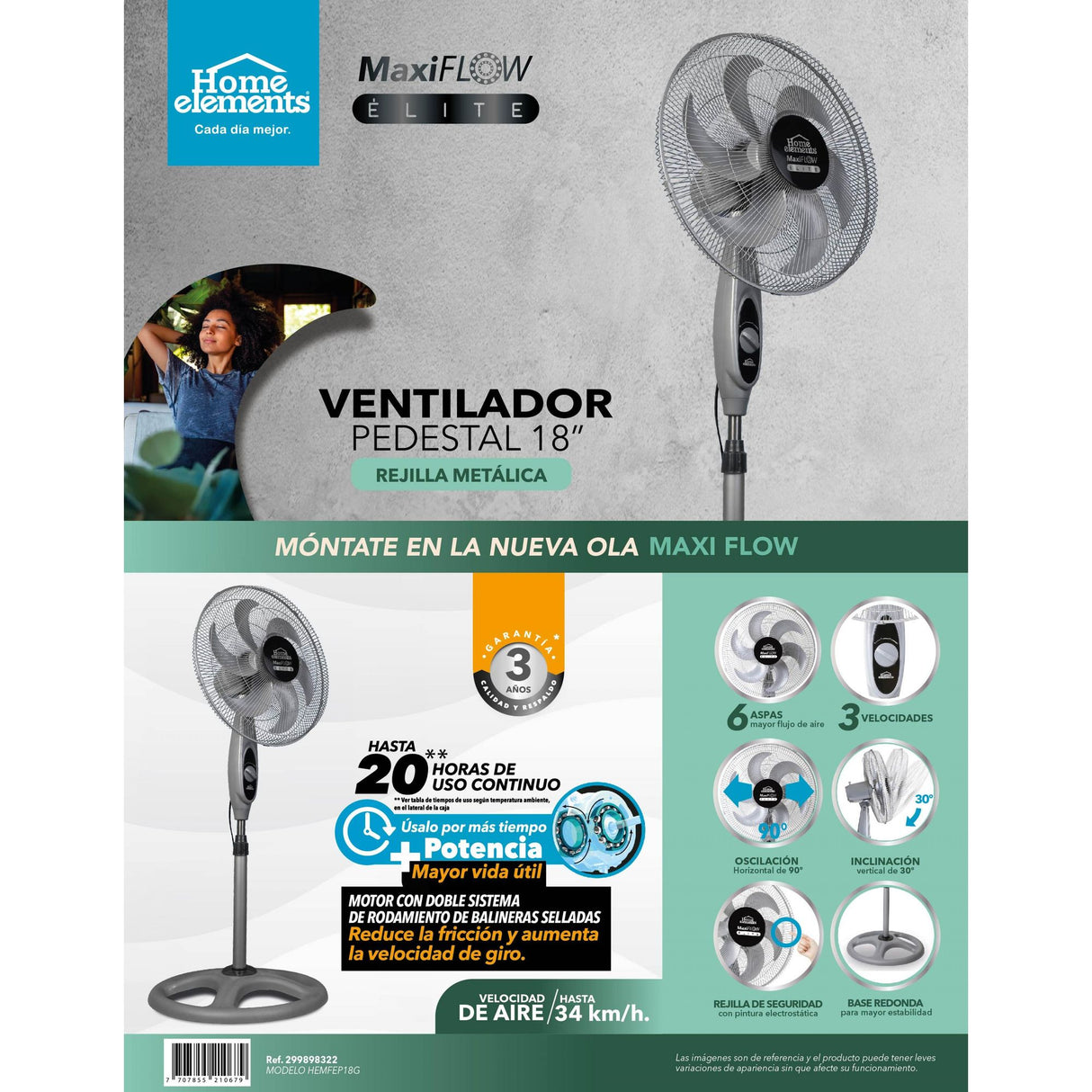 Ventilador de Piso MaxiFlow Elite Gris 49x130cm de Tres Velocidades con Oscilación - VENTILADORES | Bylmo