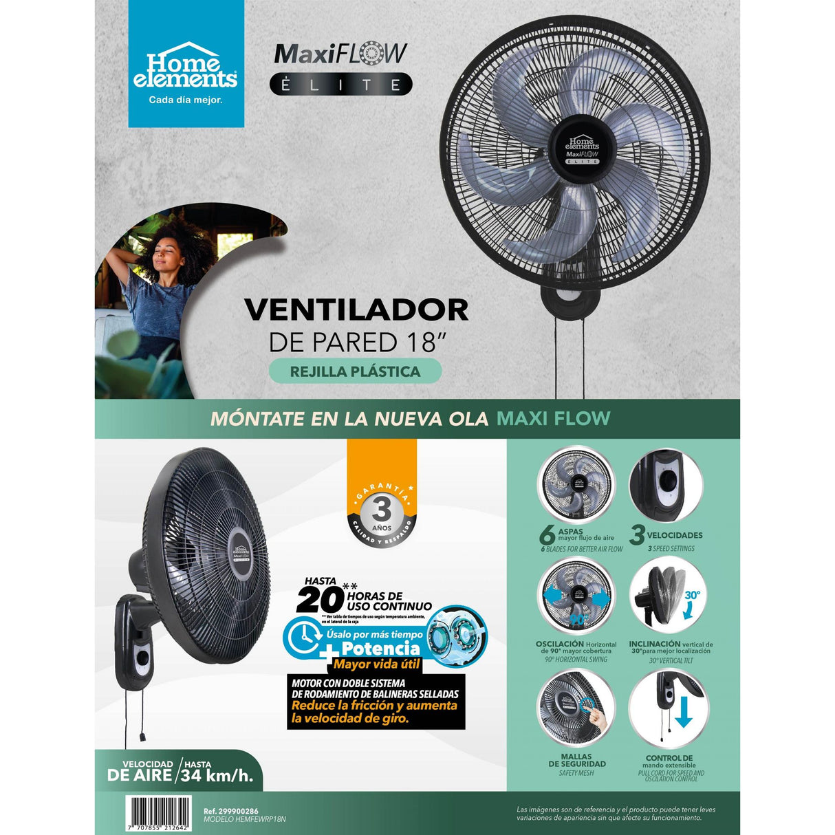 Ventilador de Pared MaxiFlow Elite Negro 37x56cm de Tres Velocidades con Oscilación - VENTILADORES | Bylmo