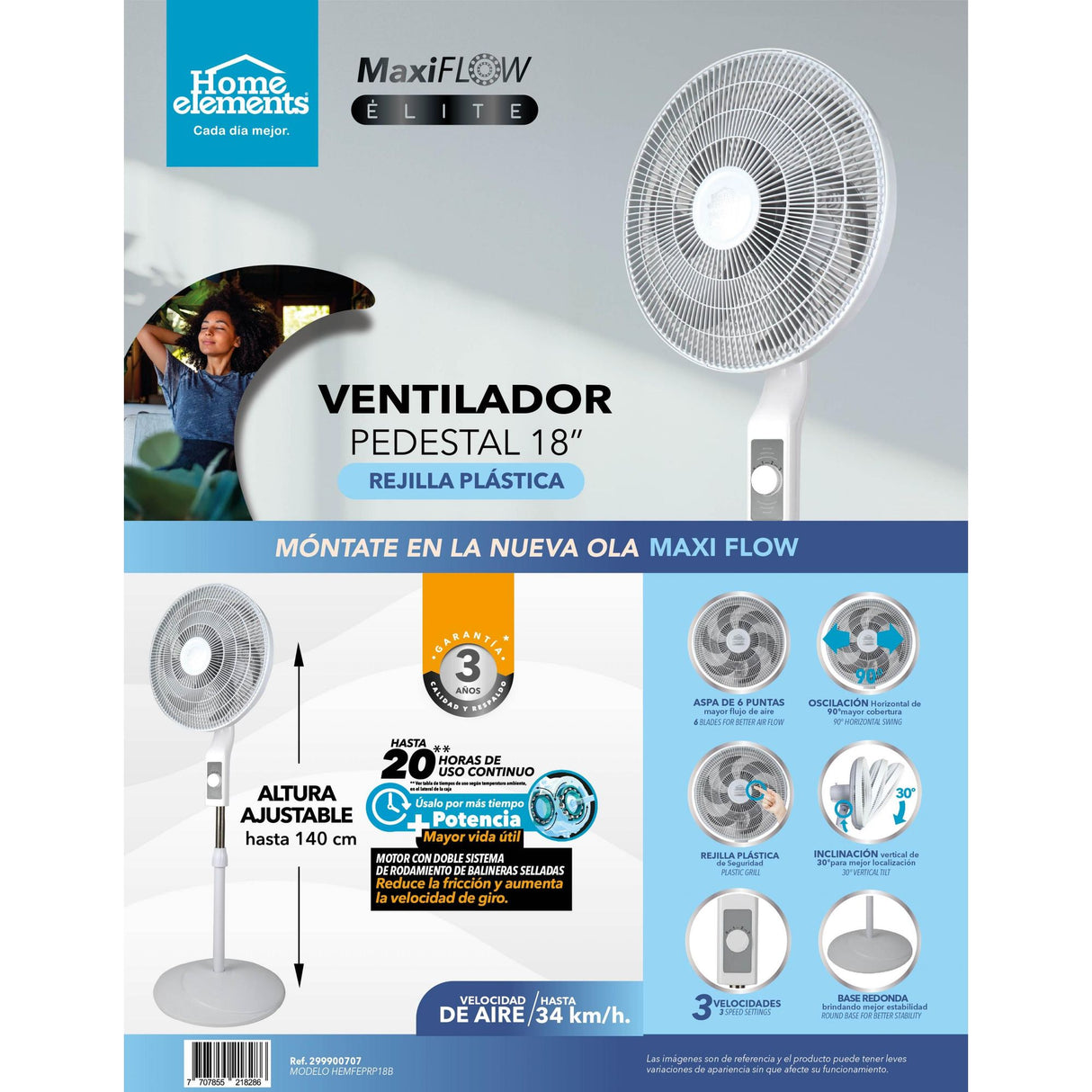 Ventilador de Piso MaxiFlow Elite Blanco y Gris 48.5x140cm de Tres Velocidades con Oscilación - VENTILADORES | Bylmo