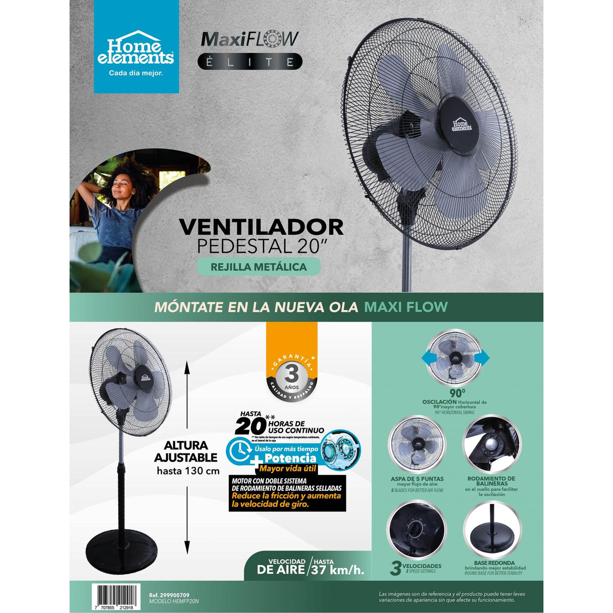 Ventilador de Piso MaxiFlow Elite Negro 48.5x130cm de Tres Velocidades con Oscilación - VENTILADORES | Bylmo
