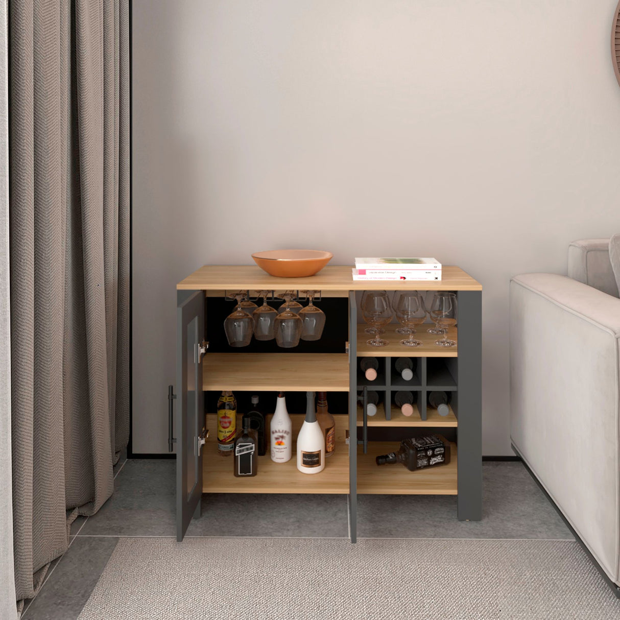 Bar Bajo Berkley Plomo y Fresno Europeo 100x77cm con Ocho Portacopas y Seis Portabotellas - BARES | Bylmo