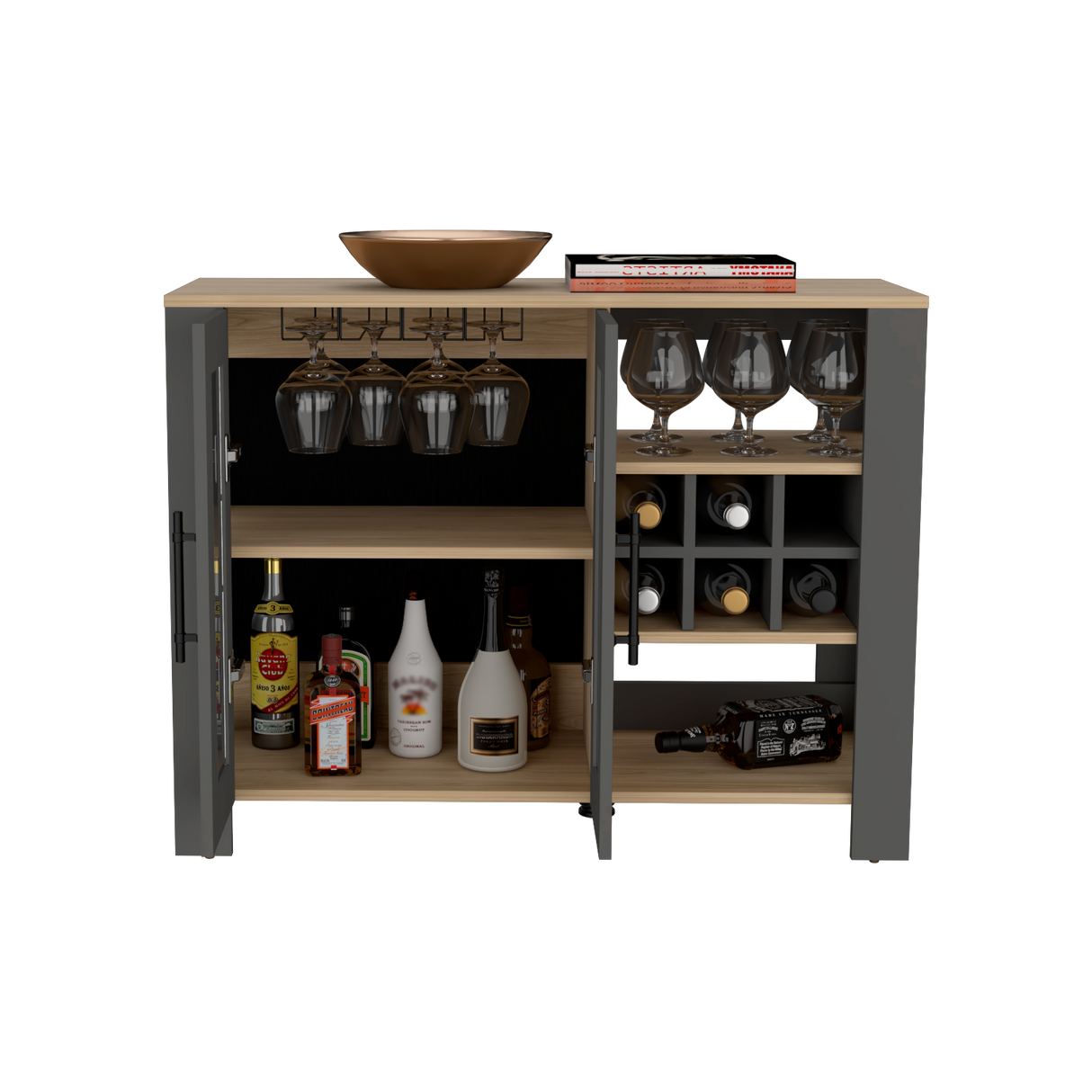 Bar Bajo Berkley Plomo y Fresno Europeo 100x77cm con Ocho Portacopas y Seis Portabotellas - BARES | Bylmo