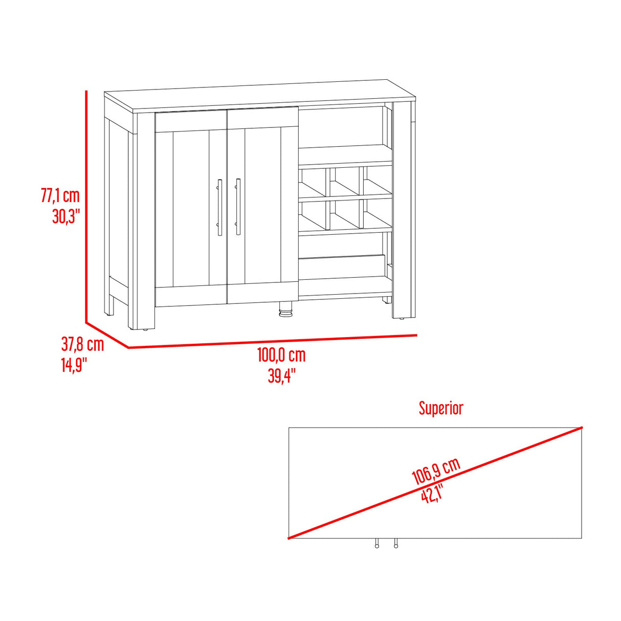 Bar Bajo Berkley Plomo y Fresno Europeo 100x77cm con Ocho Portacopas y Seis Portabotellas - BARES | Bylmo