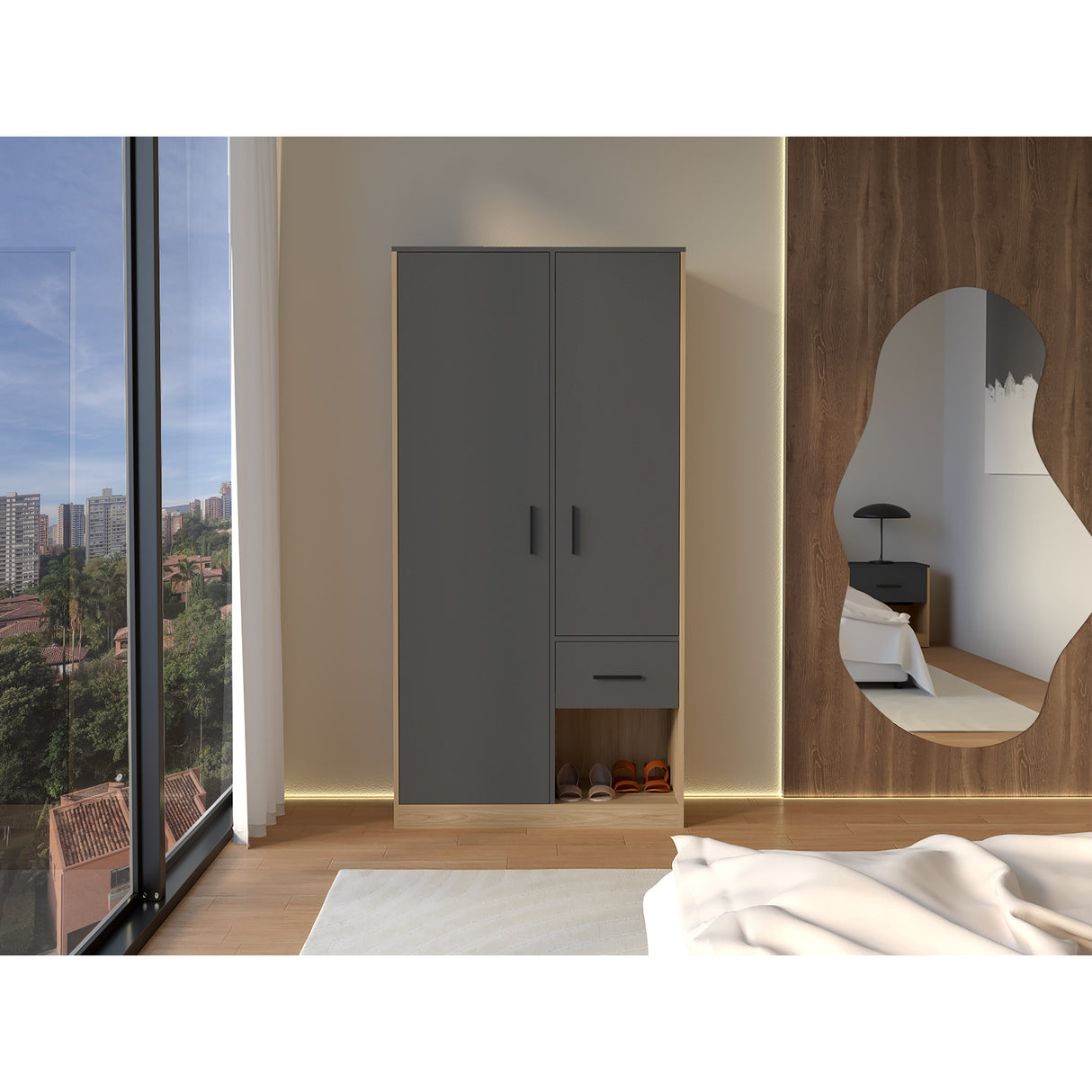 Closet Girona Plomo y Fresno Europeo 180x48.8cm con Un Cajón con Dos Entrepaños y con Seis Compartimiento - CLOSETS | Bylmo