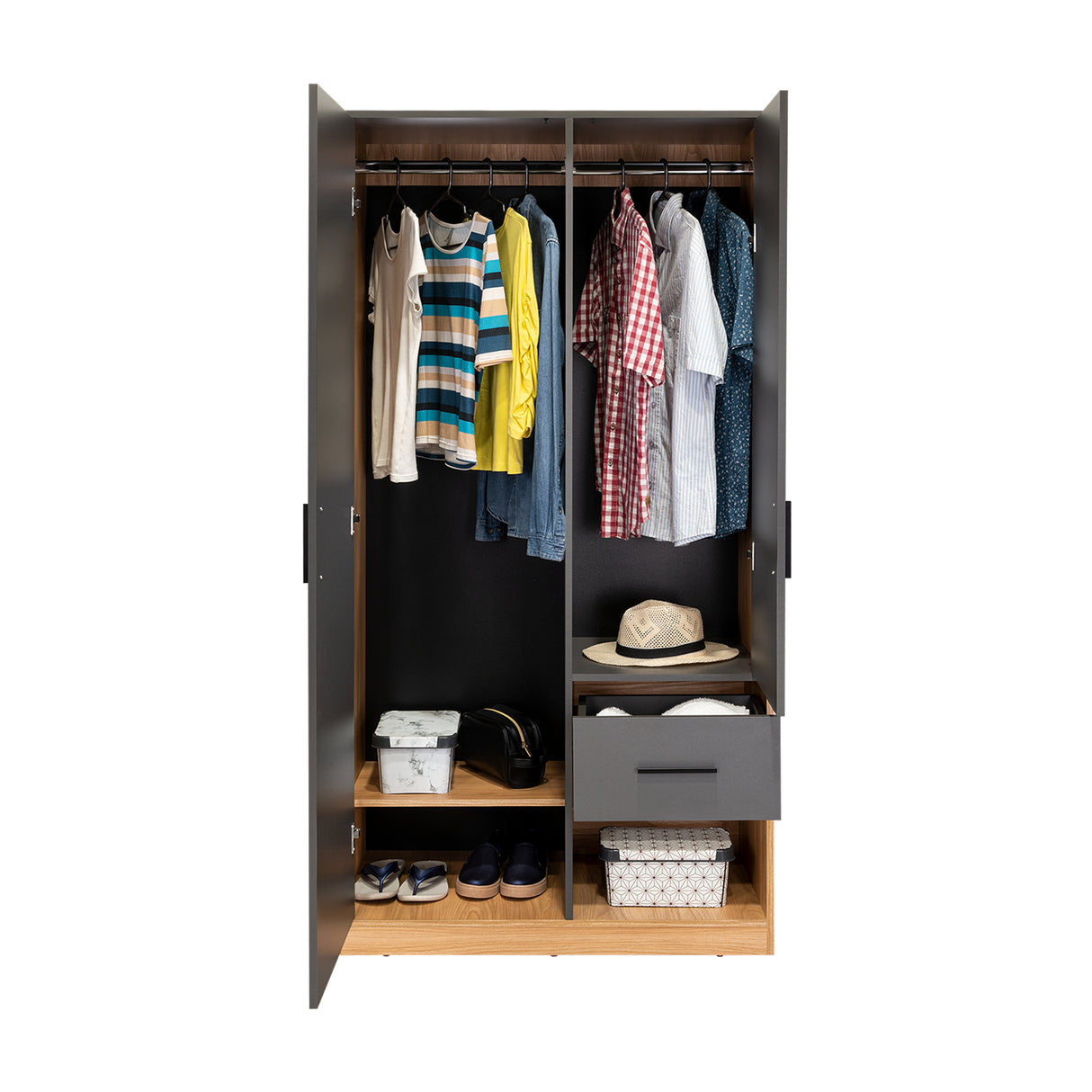 Closet Girona Plomo y Fresno Europeo 180x48.8cm con Un Cajón con Dos Entrepaños y con Seis Compartimiento - CLOSETS | Bylmo